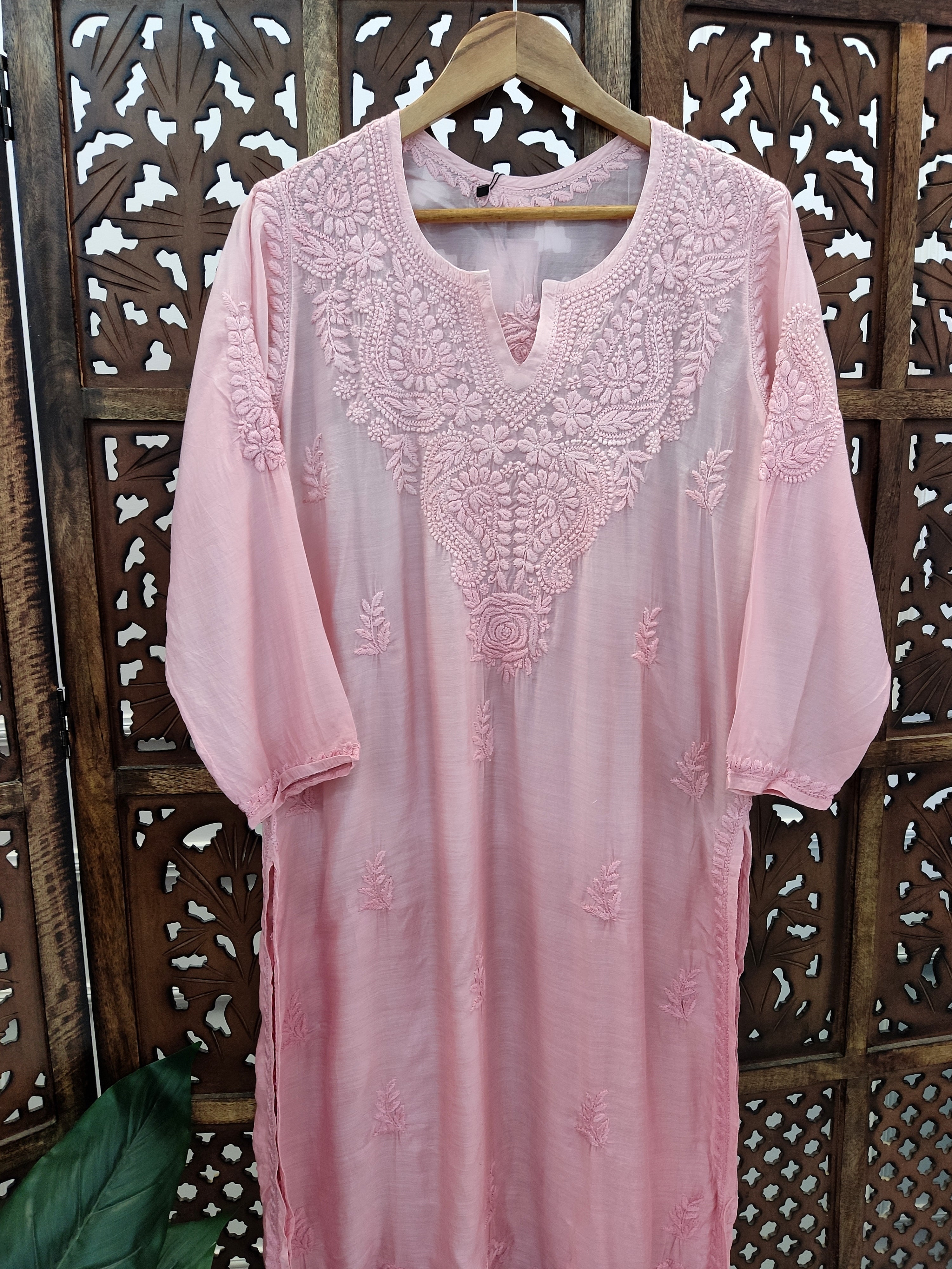 Peach Muslin Chikankari Straight Kurti