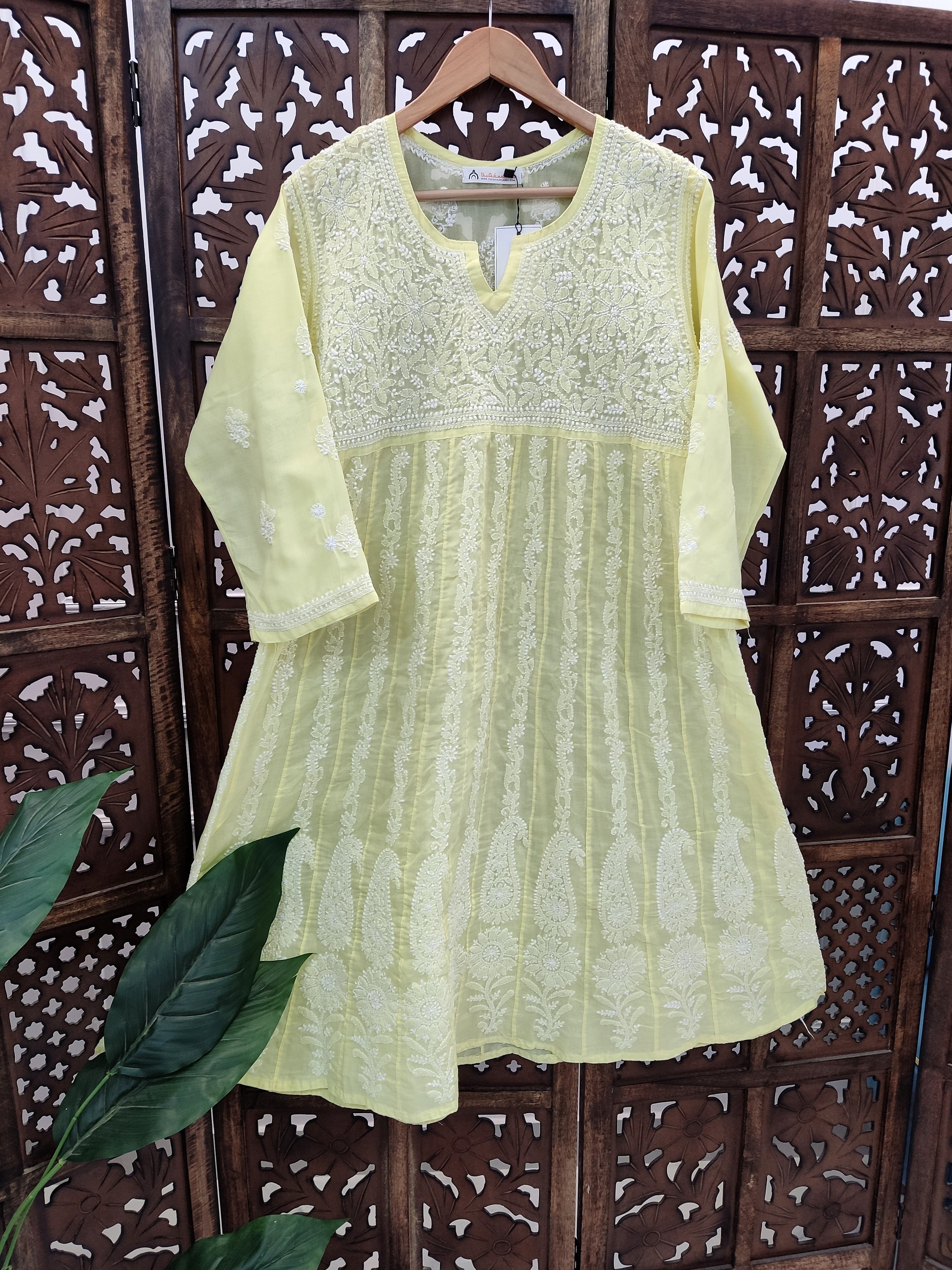 Yellow Cotton Chikankari Anarkali Kurti