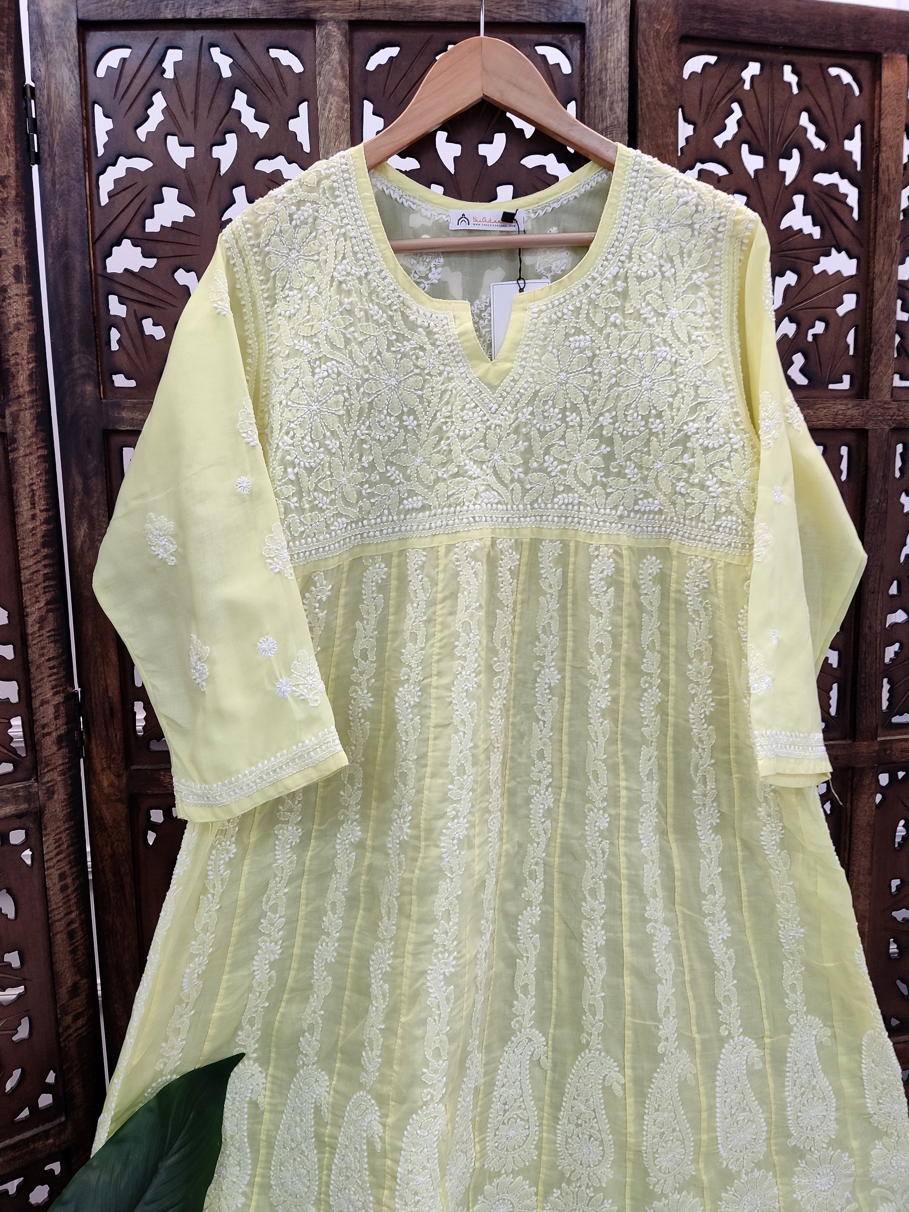 Yellow Cotton Chikankari Anarkali Kurti