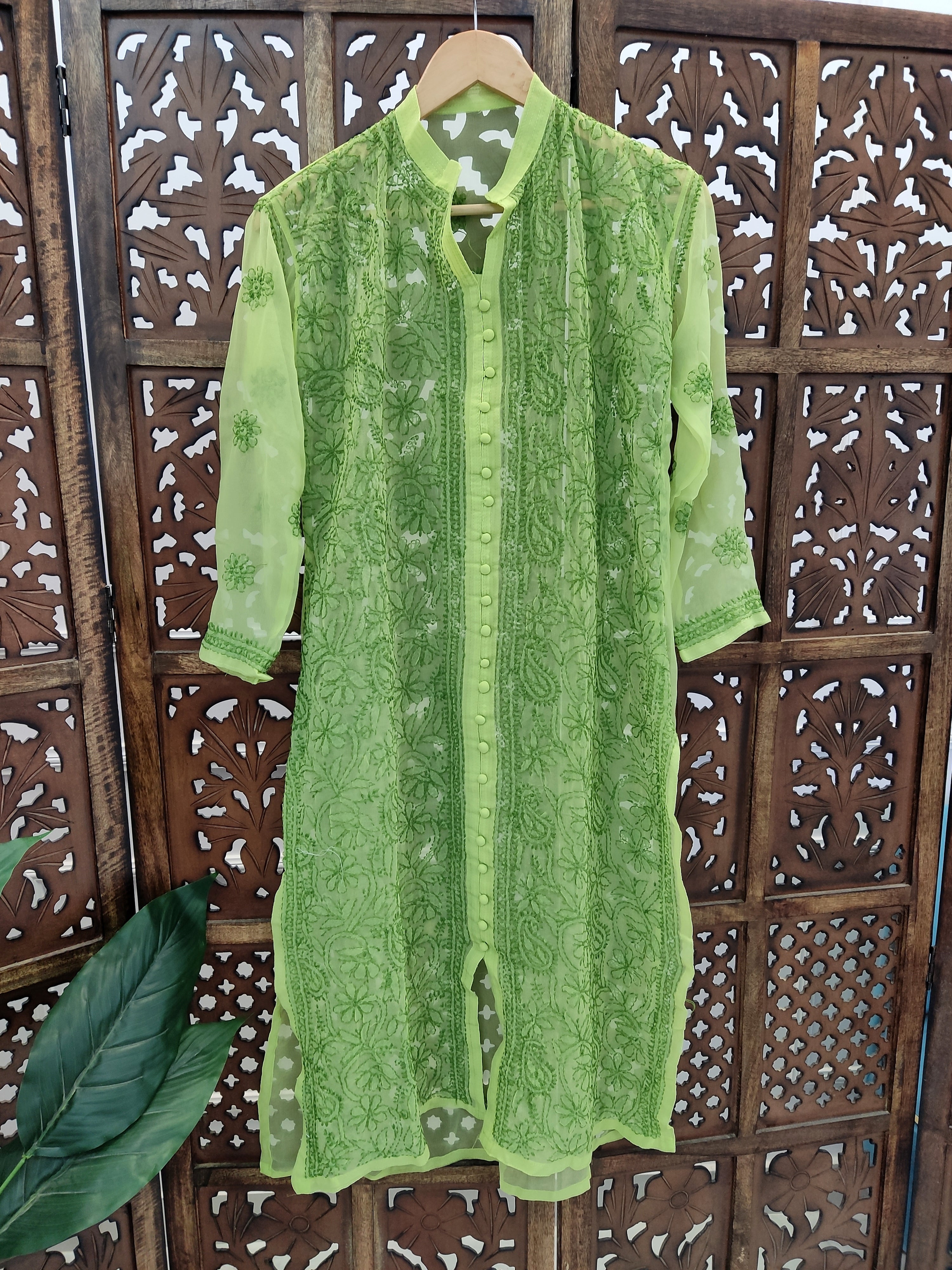 Green Georgette Chikankari Straight Kurti