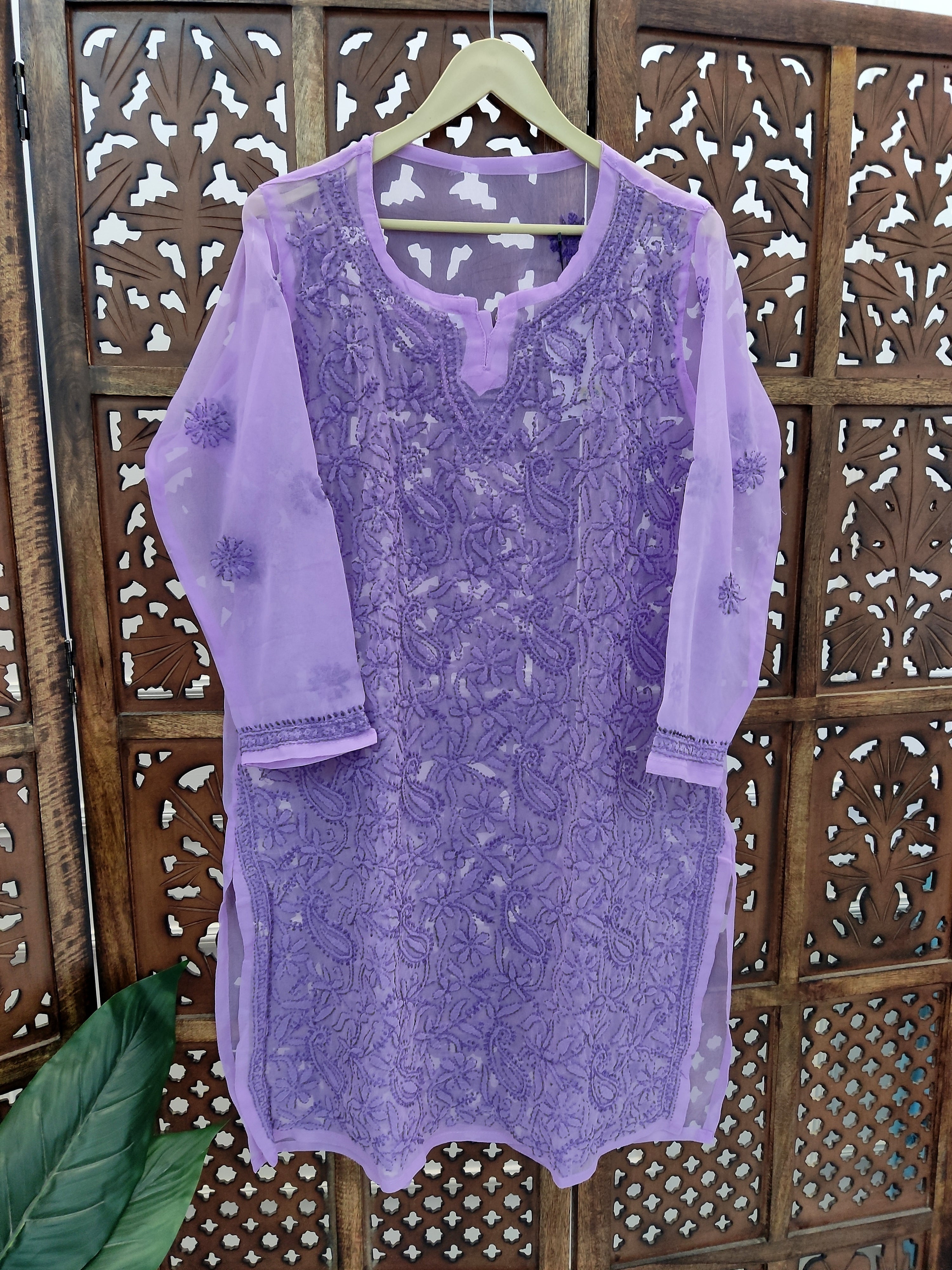 Lavender Georgette Chikankari Straight Kurti