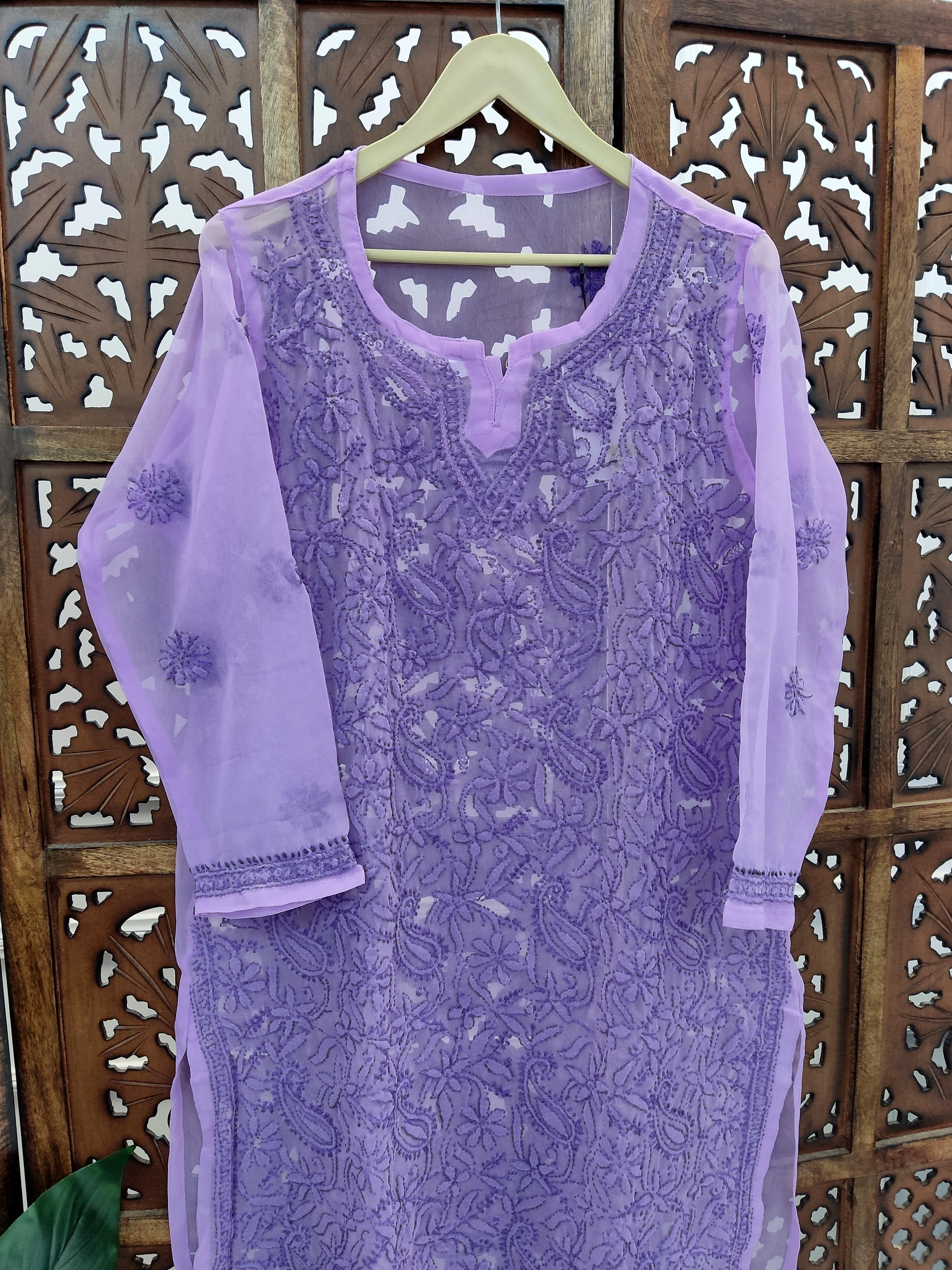 Lavender Georgette Chikankari Straight Kurti