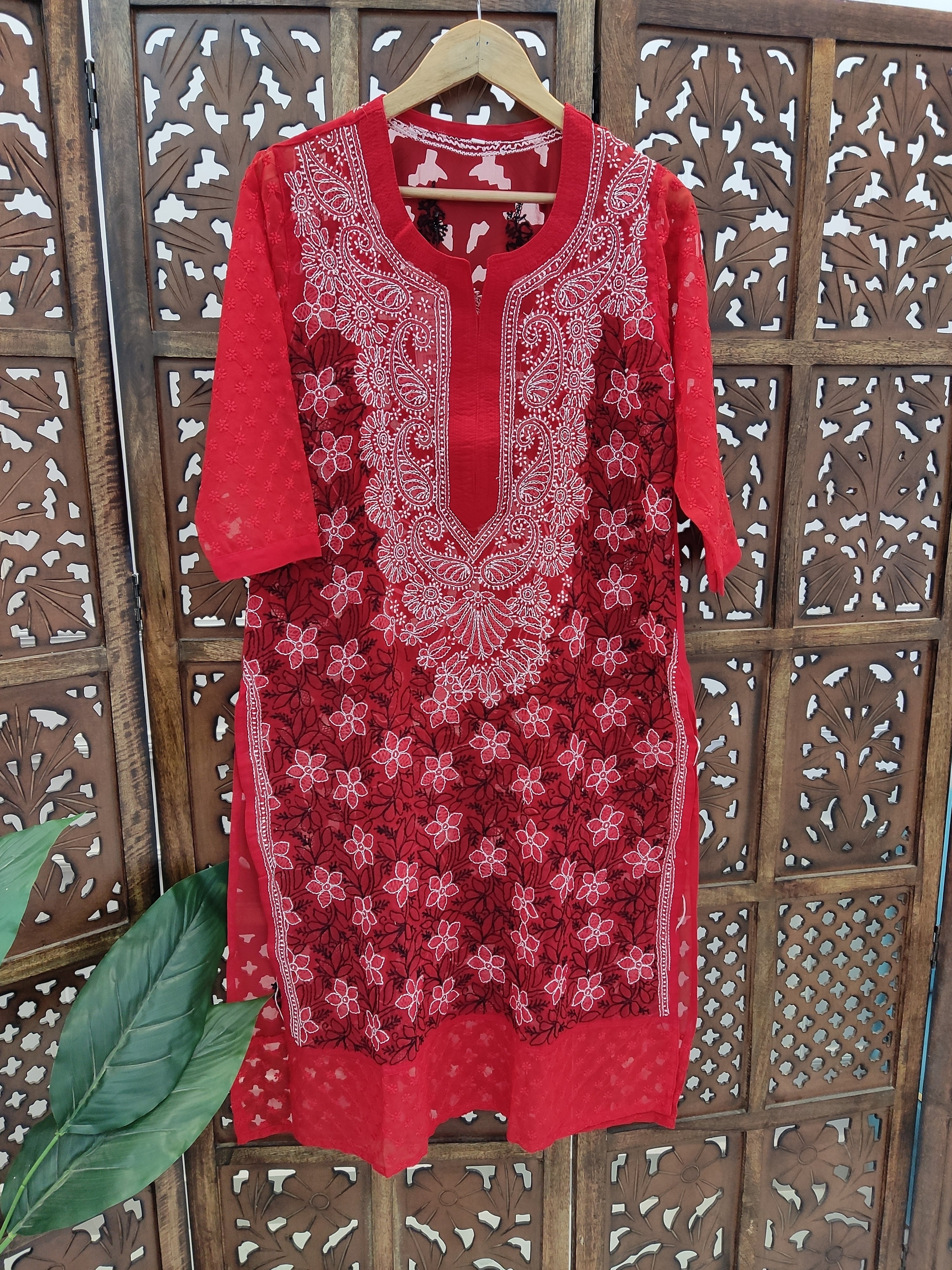 Red Georgette Chikankari Straight Kurti