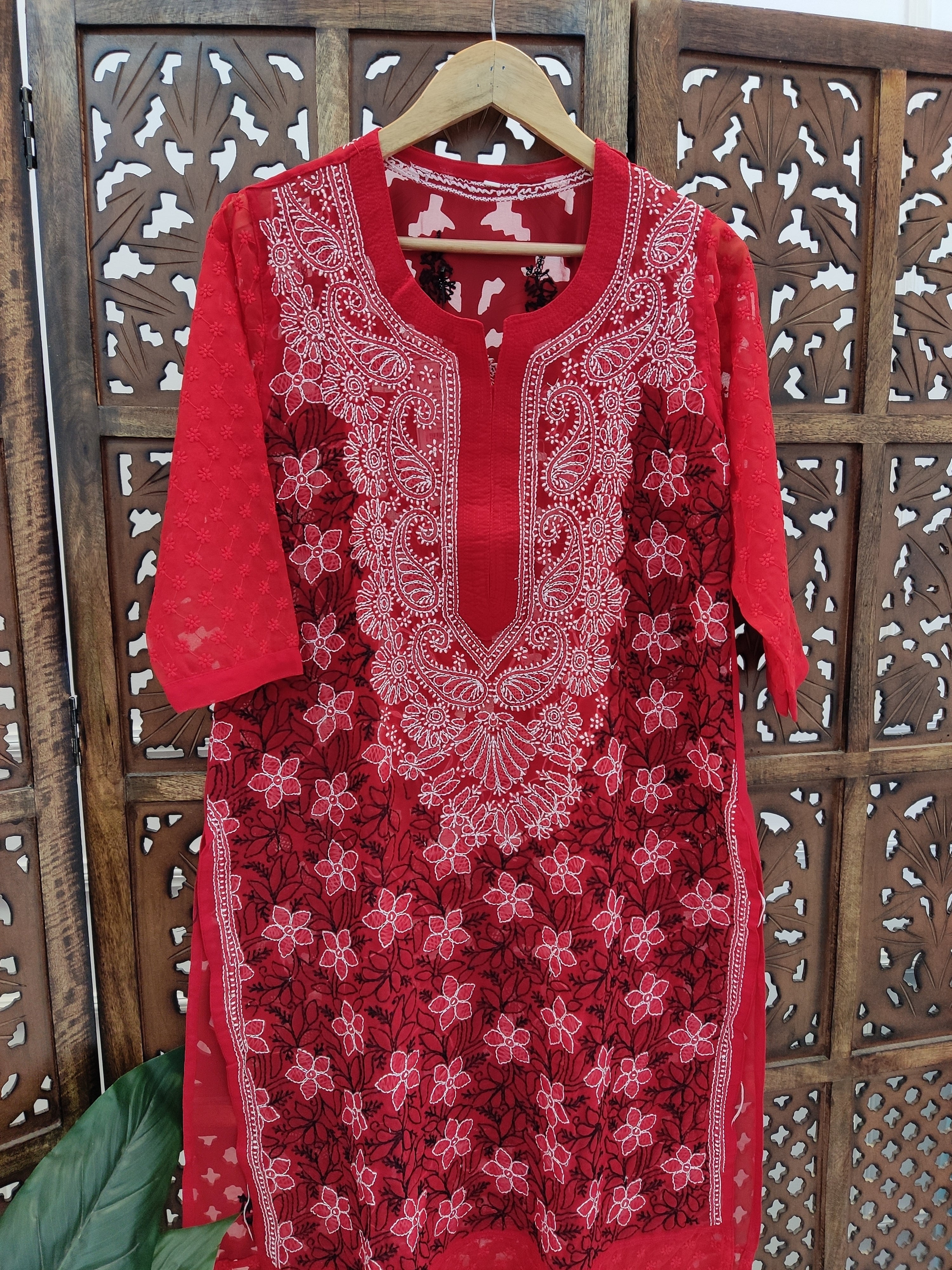 Red Georgette Chikankari Straight Kurti