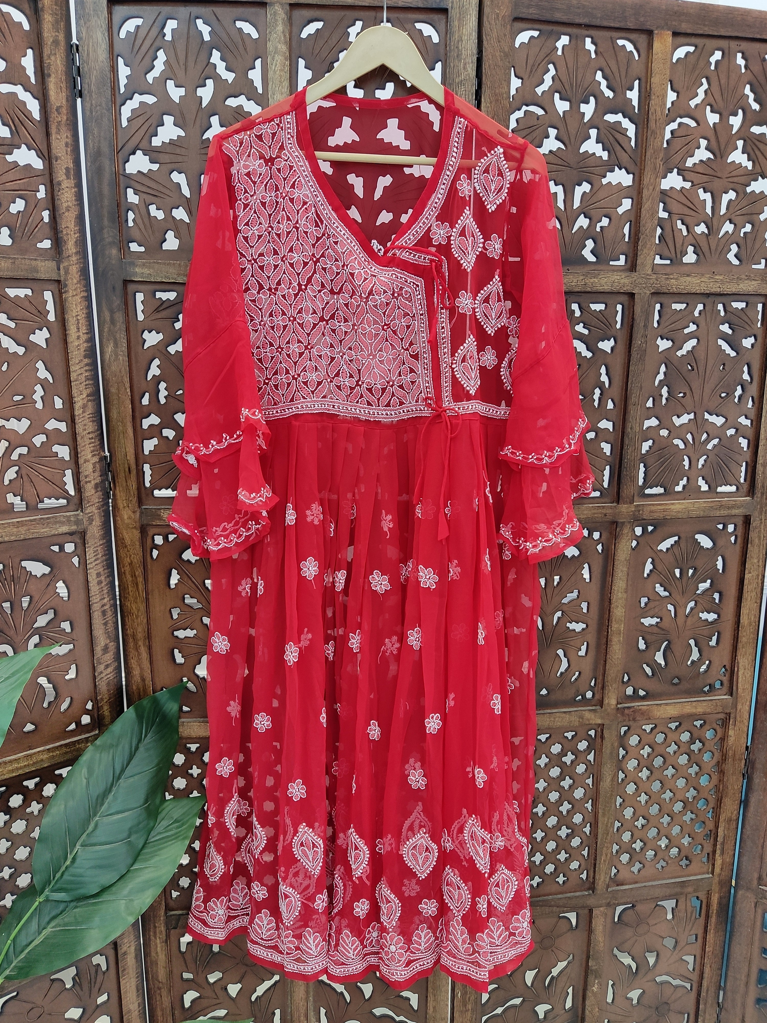 Red Georgette Chikankari Angarkha Kurti