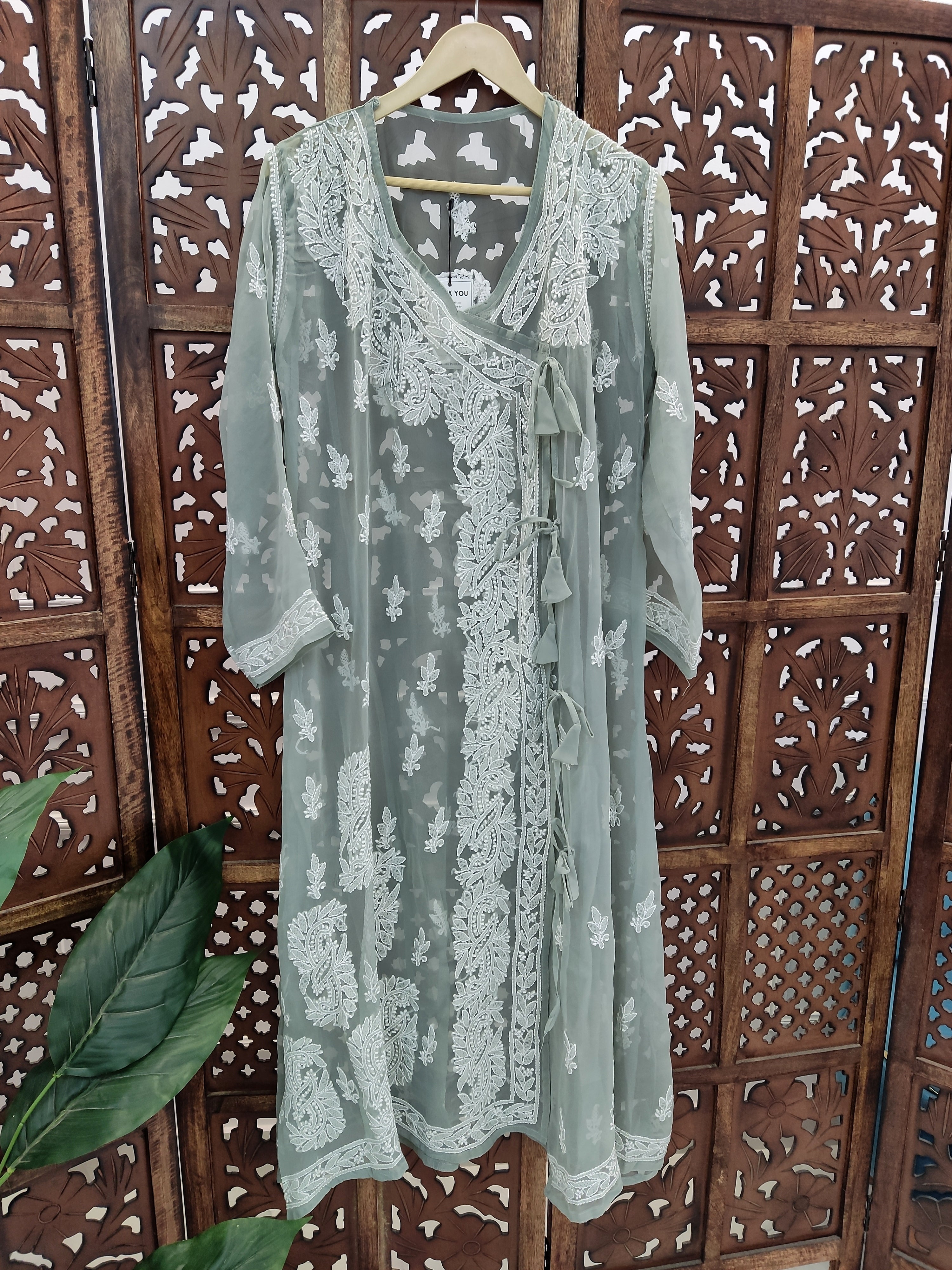 Grey Georgette Chikankari Angarkha Kurti