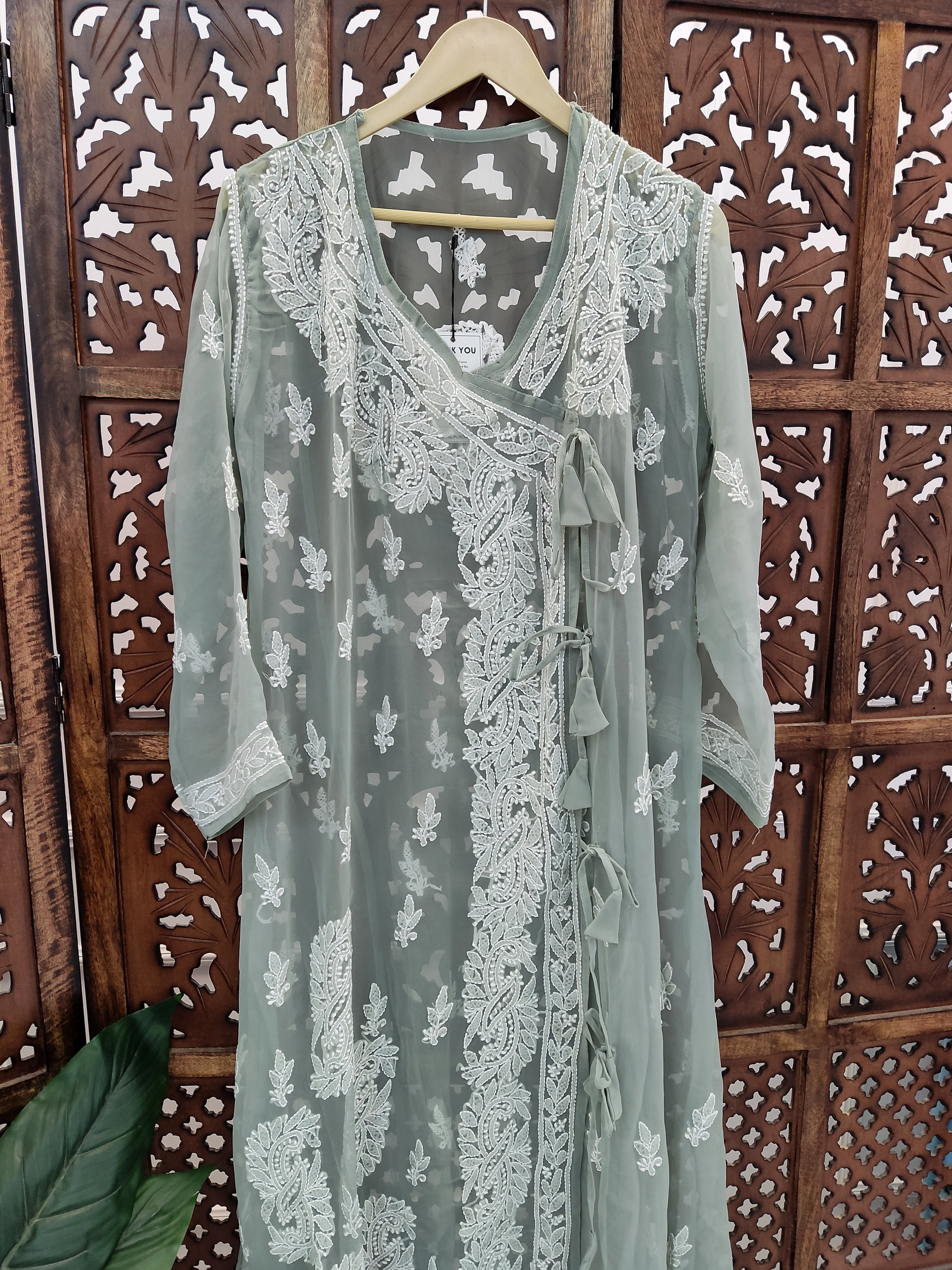 Grey Georgette Chikankari Angarkha Kurti