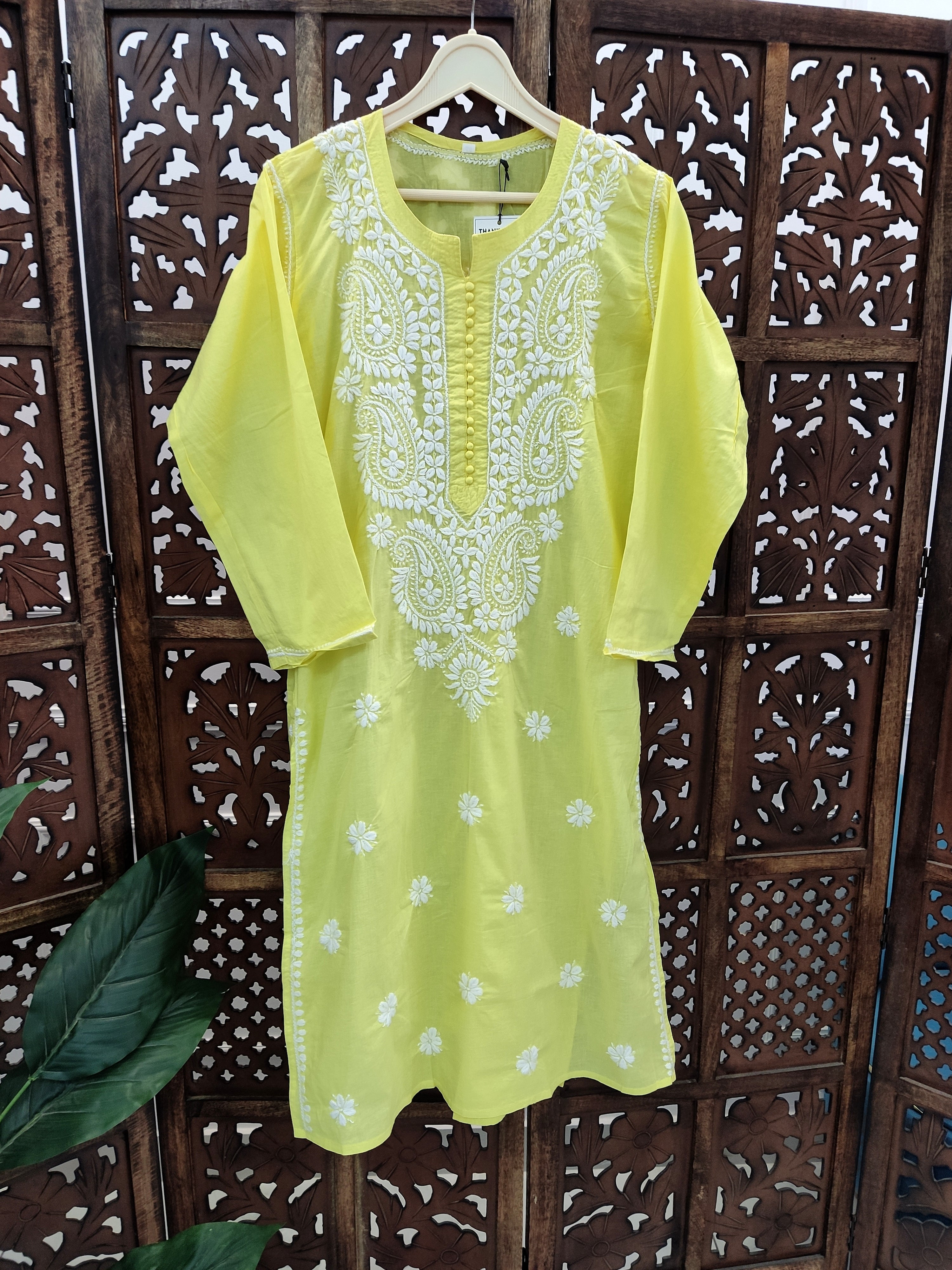 Lime Yellow Cotton Chikankari Straight Kurti