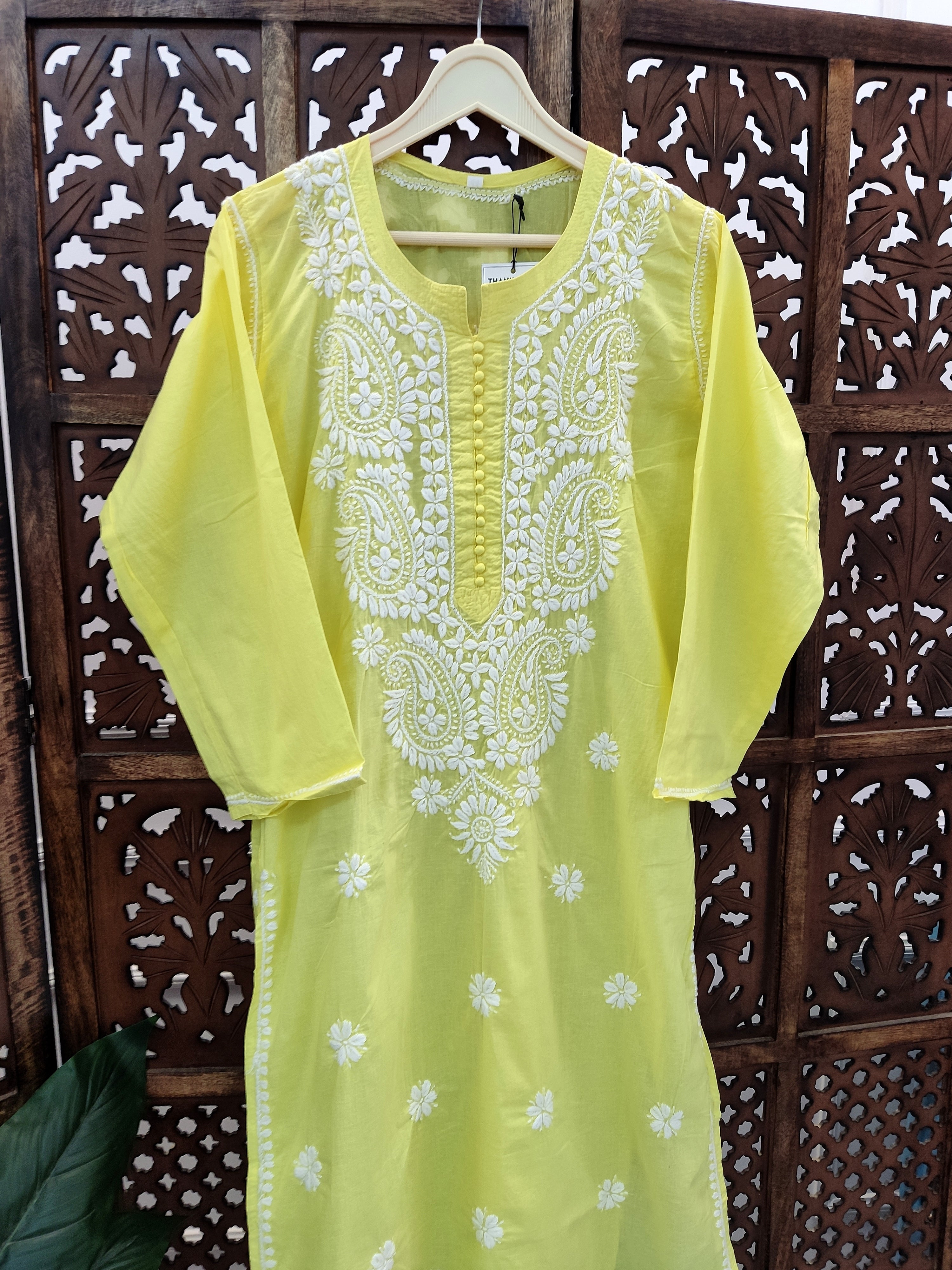 Lime Yellow Cotton Chikankari Straight Kurti