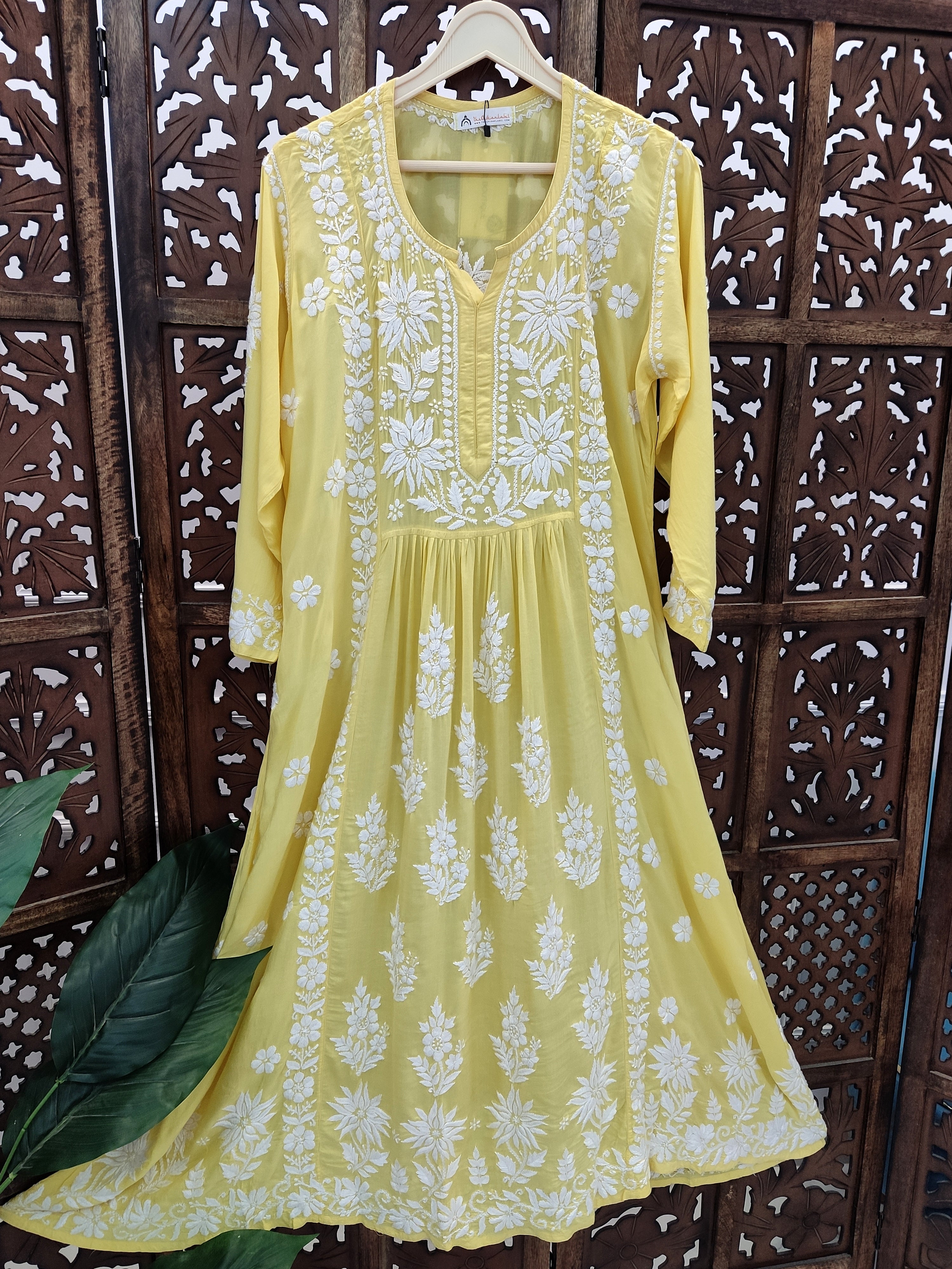 Yellow Modal Chikankari Anarkali Kurti