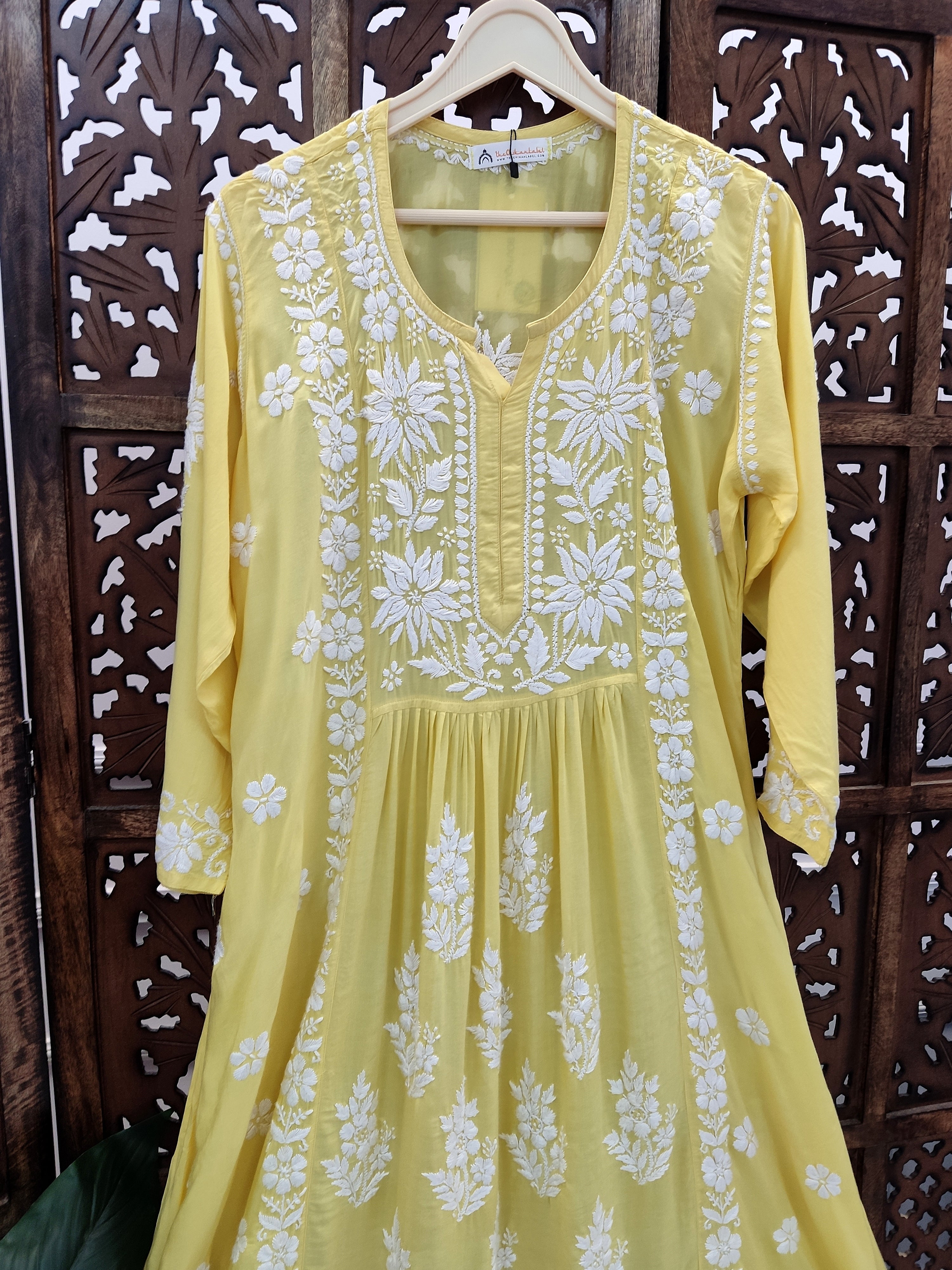 Yellow Modal Chikankari Anarkali Kurti