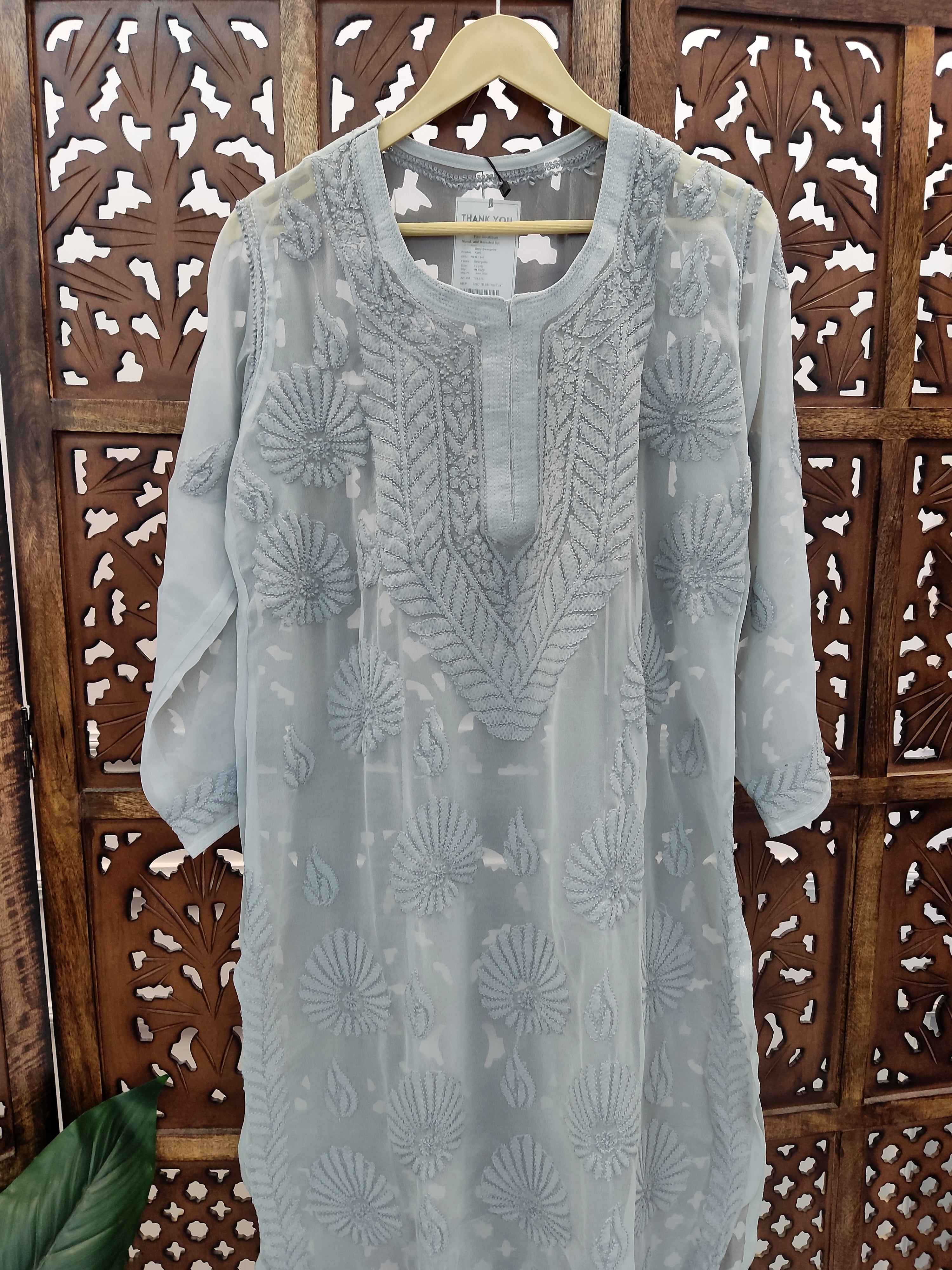 Grey Georgette Chikankari Straight Kurti