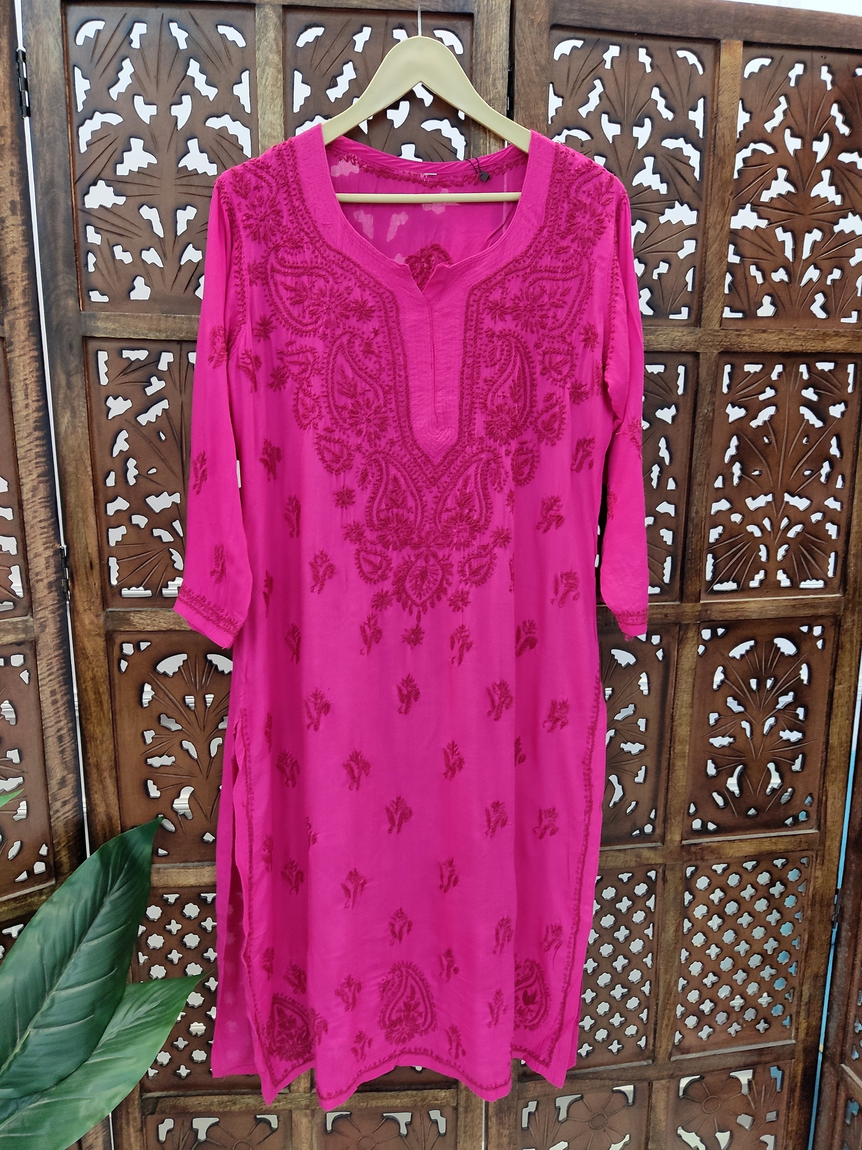 Hot Pink Rayon Chikankari Straight Kurti