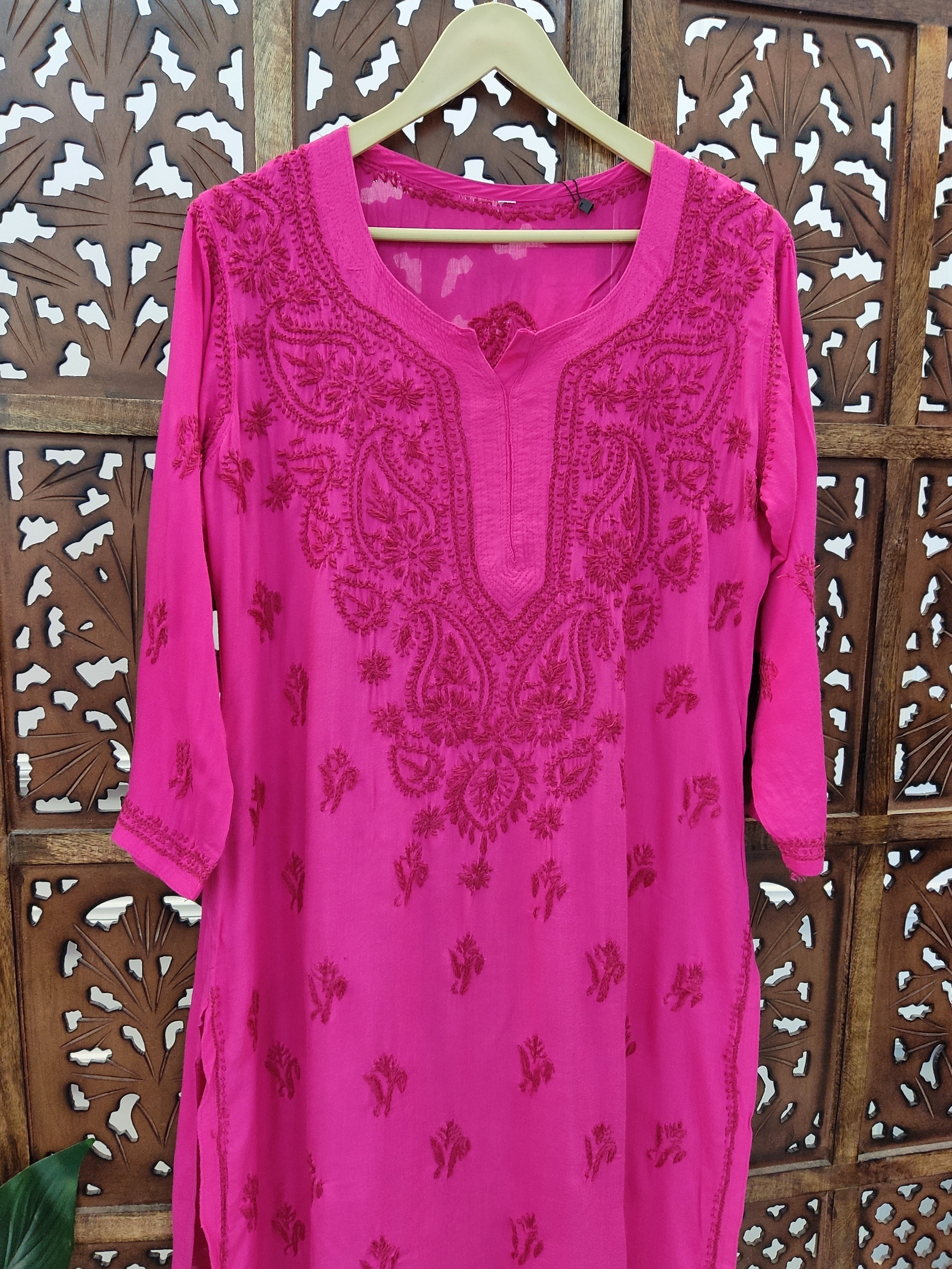 Hot Pink Rayon Chikankari Straight Kurti