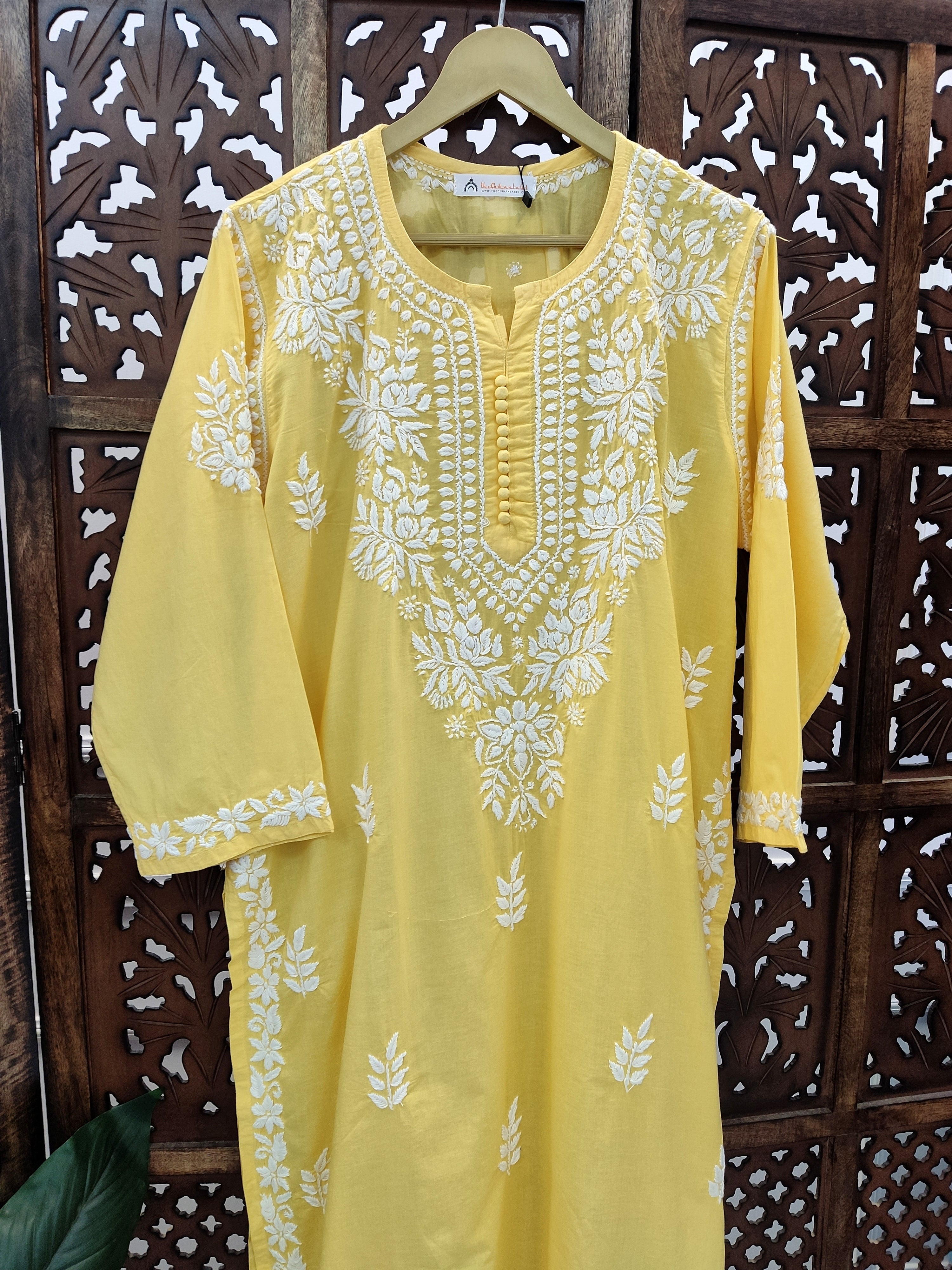 Yellow Cotton Chikankari Straight Kurti