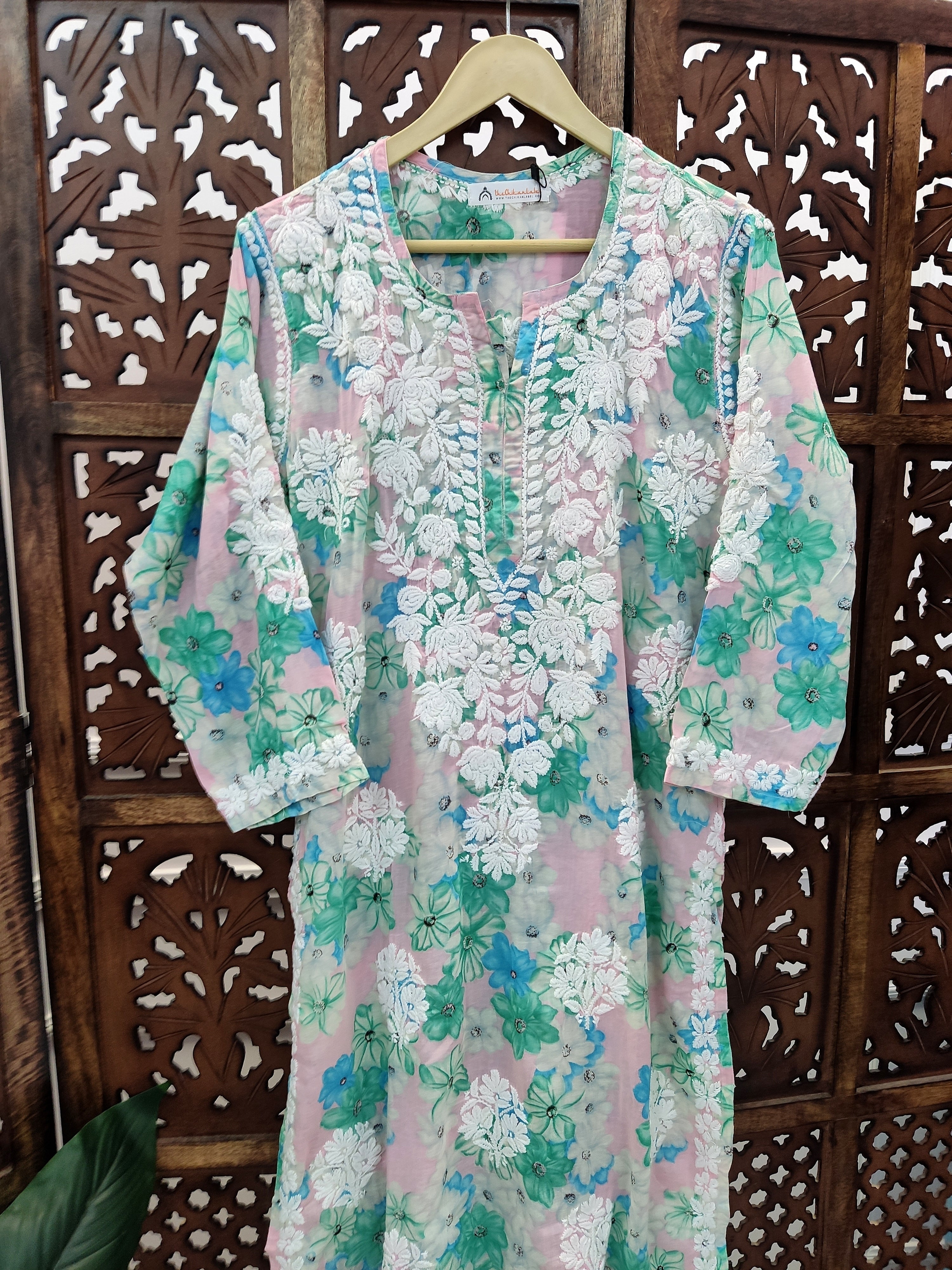 Baby Pink Mulmul Printed Chikankari Straight Kurti