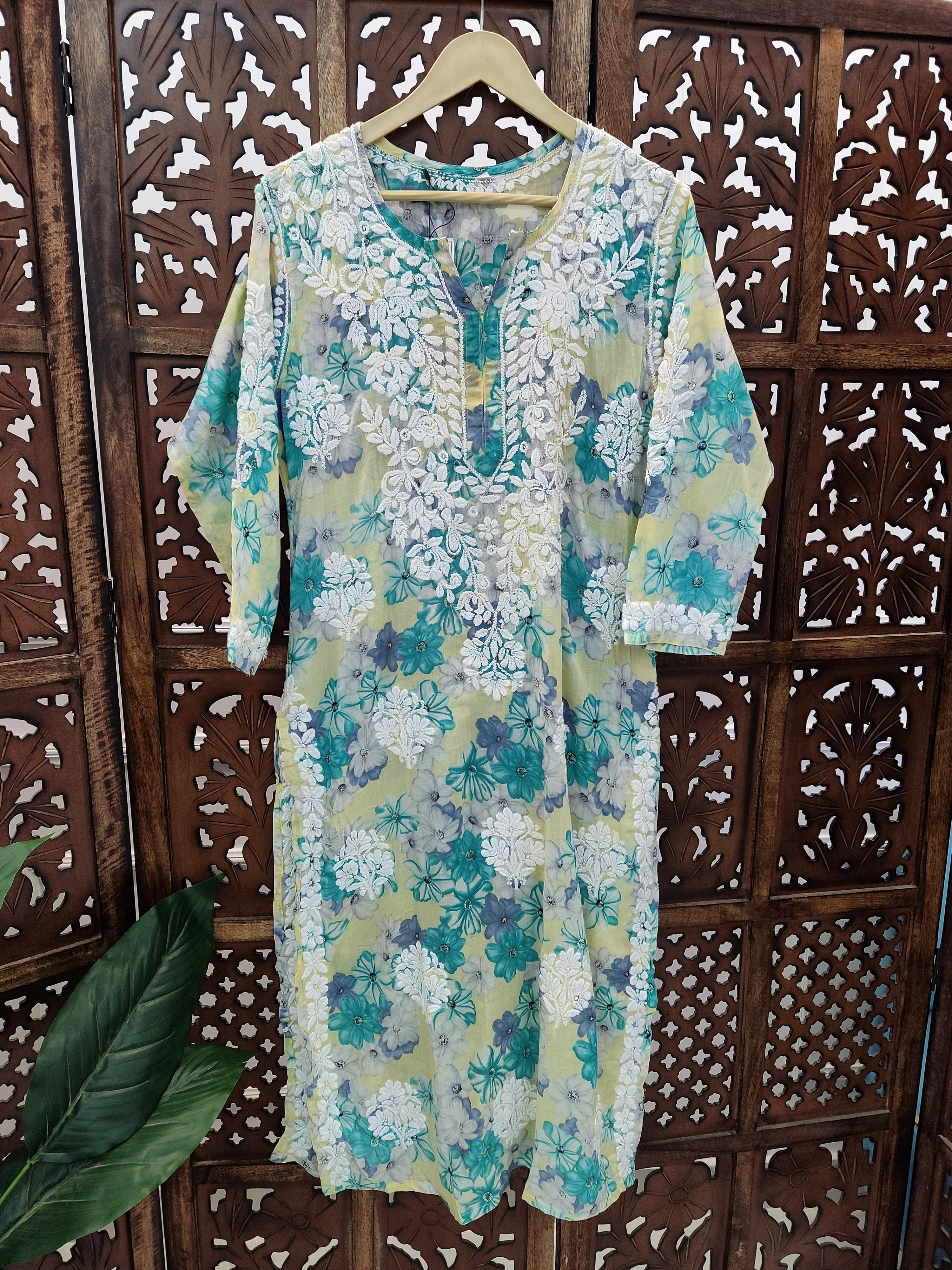 Yellow Mulmul Printed Chikankari Straight Kurti