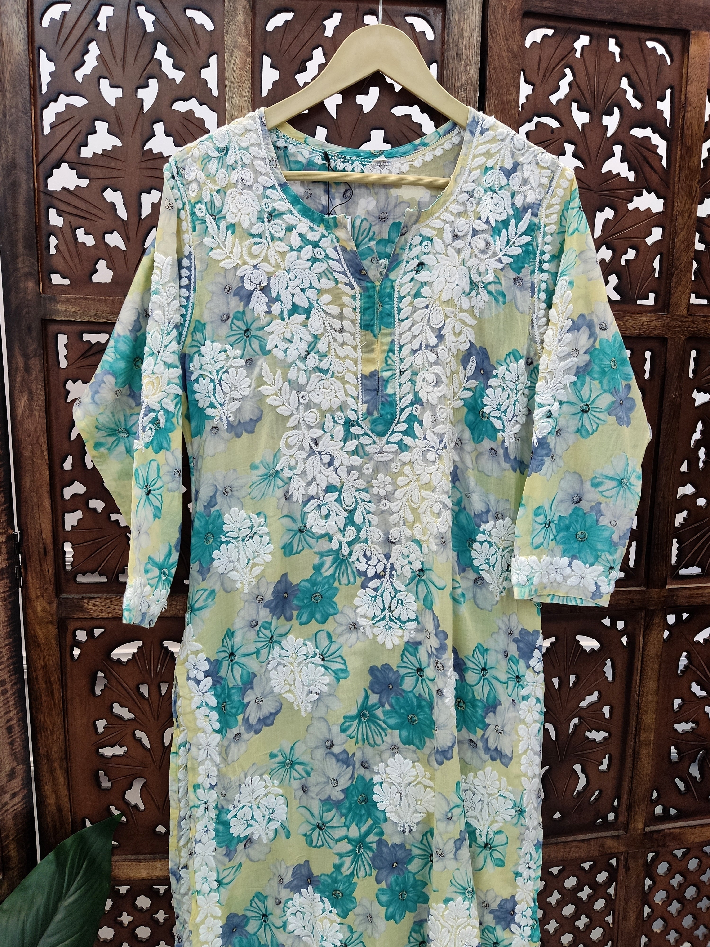 Yellow Mulmul Printed Chikankari Straight Kurti