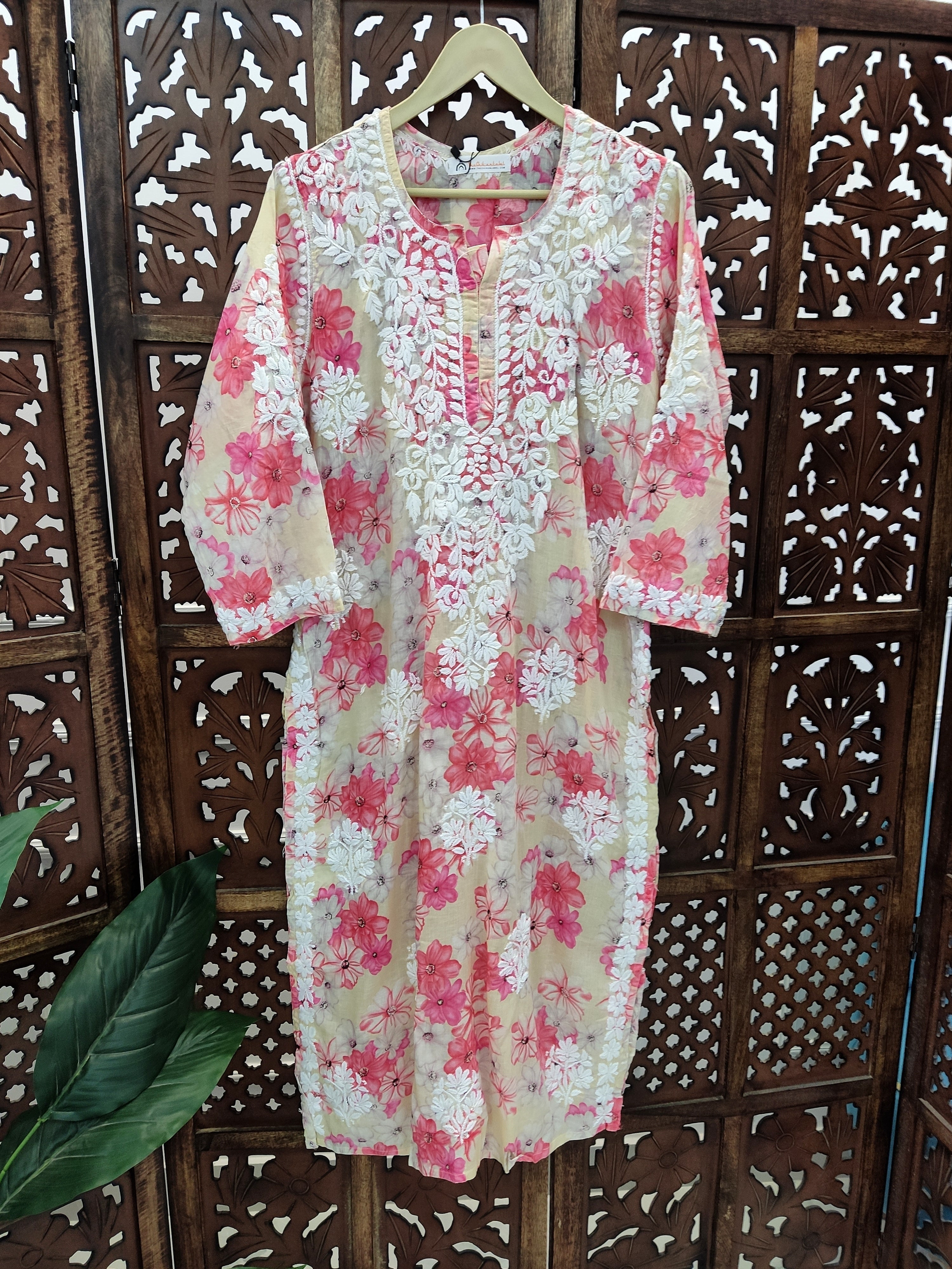 Beige Mulmul Printed Chikankari Straight Kurti