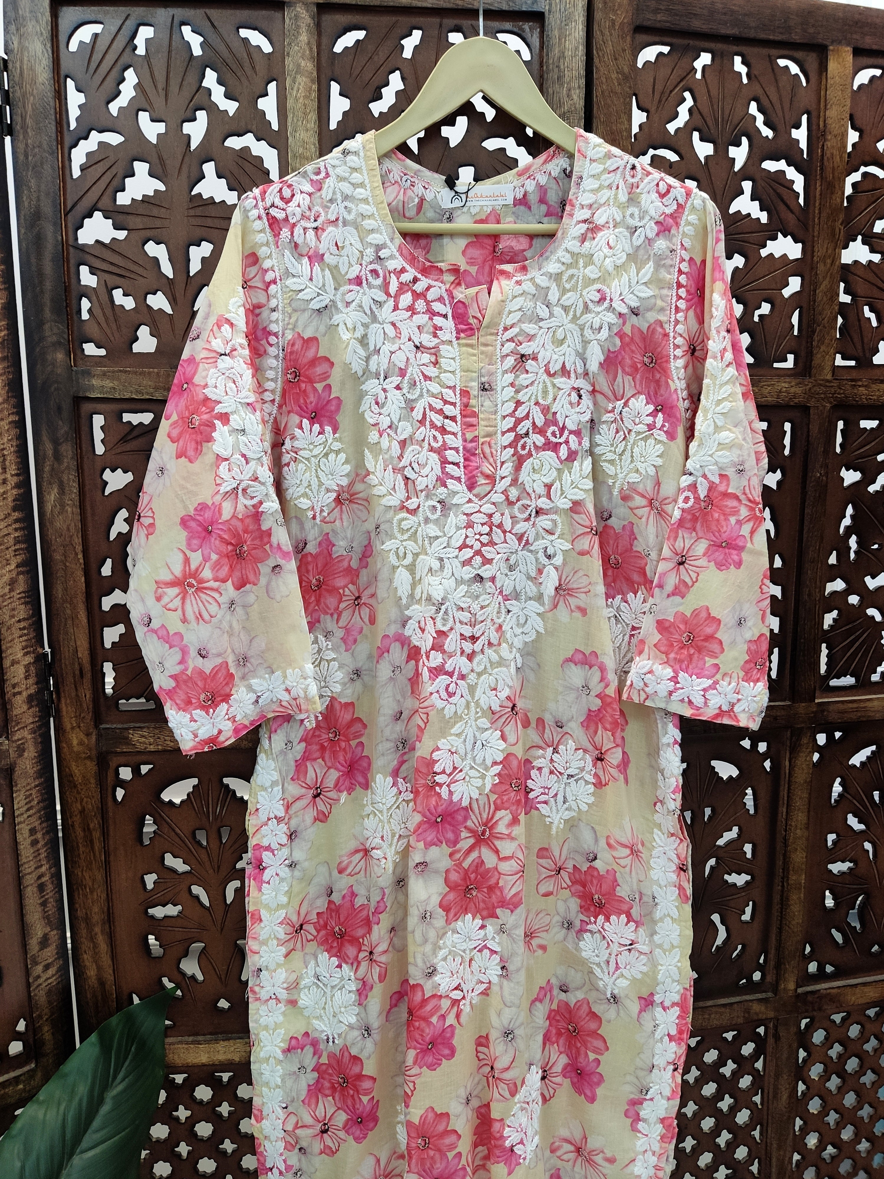 Beige Mulmul Printed Chikankari Straight Kurti