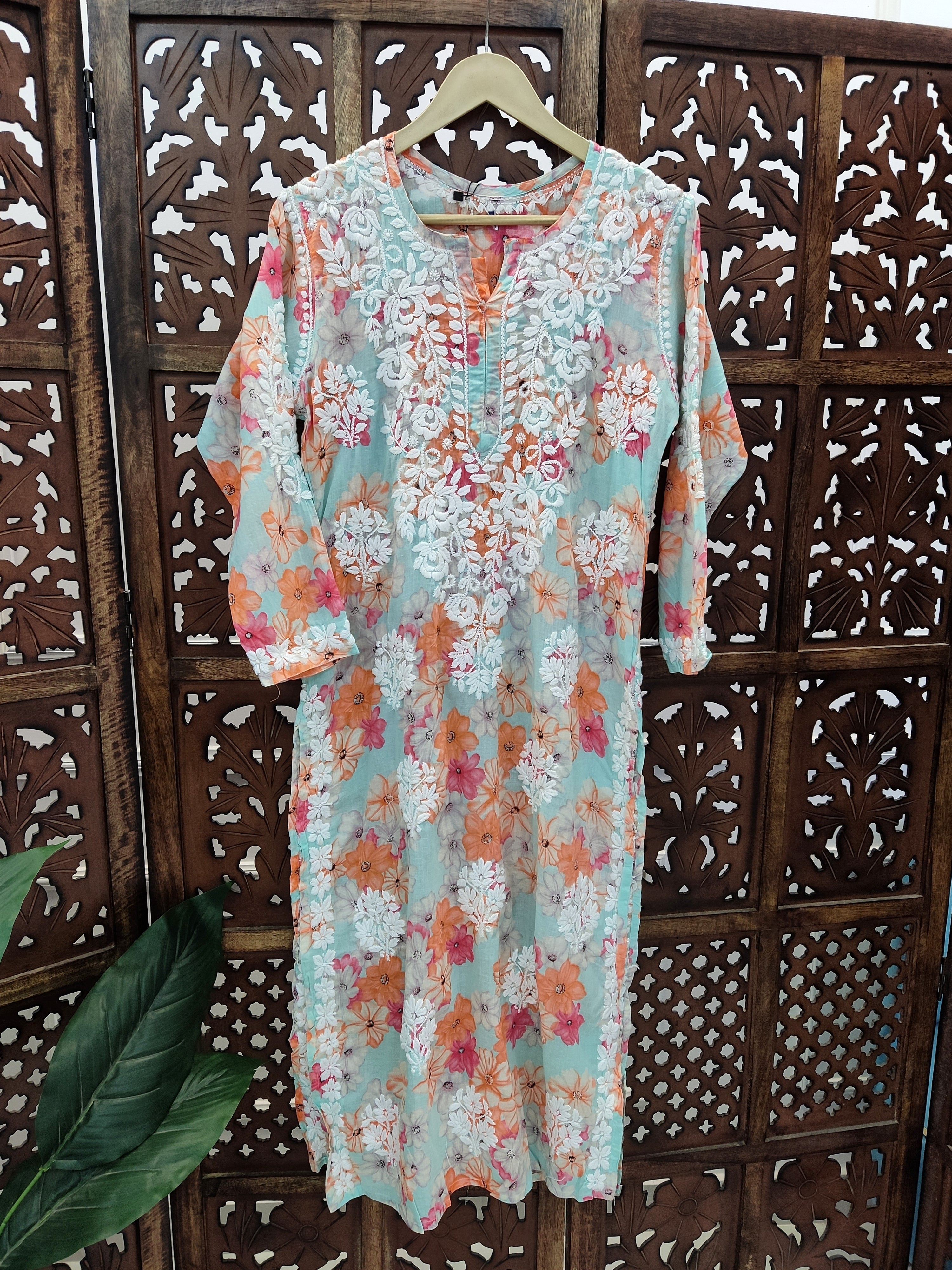 Sea Green Mulmul Printed Chikankari Straight Kurti