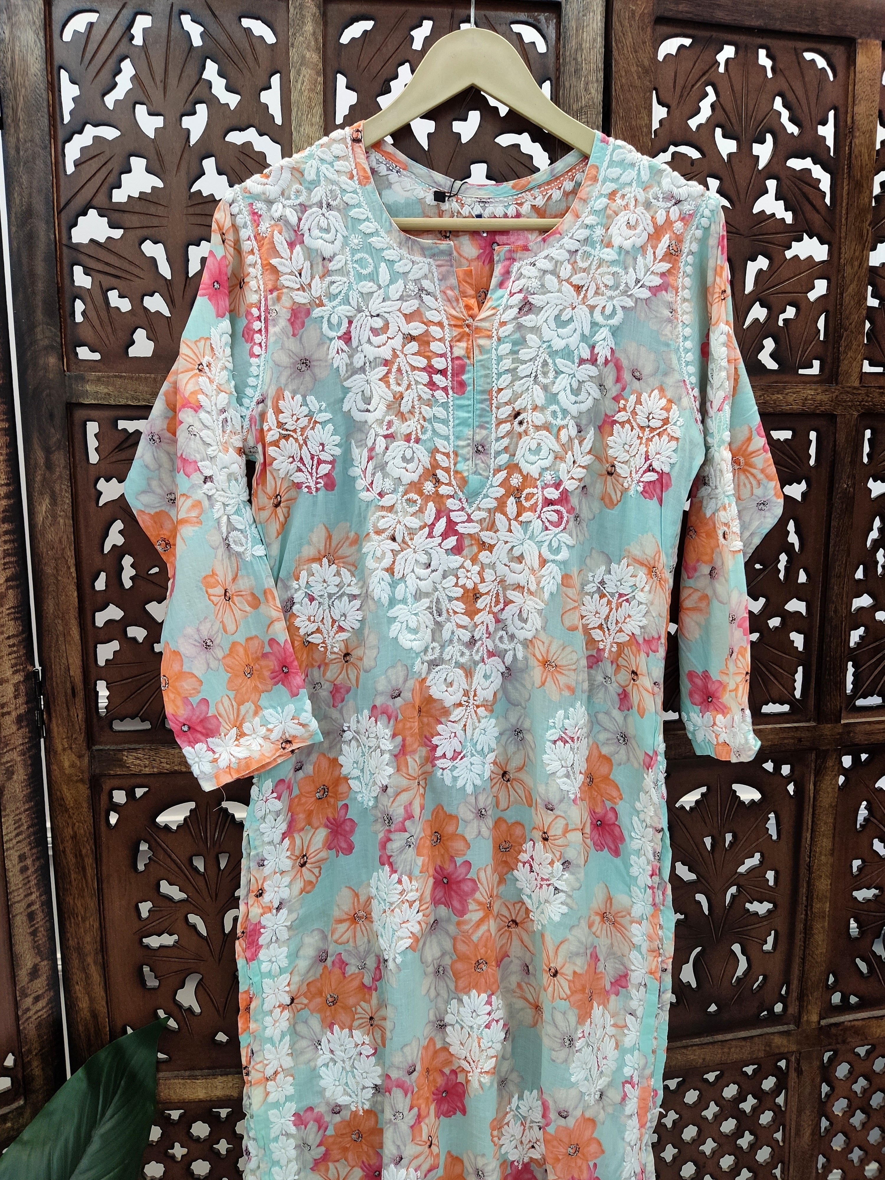 Sea Green Mulmul Printed Chikankari Straight Kurti