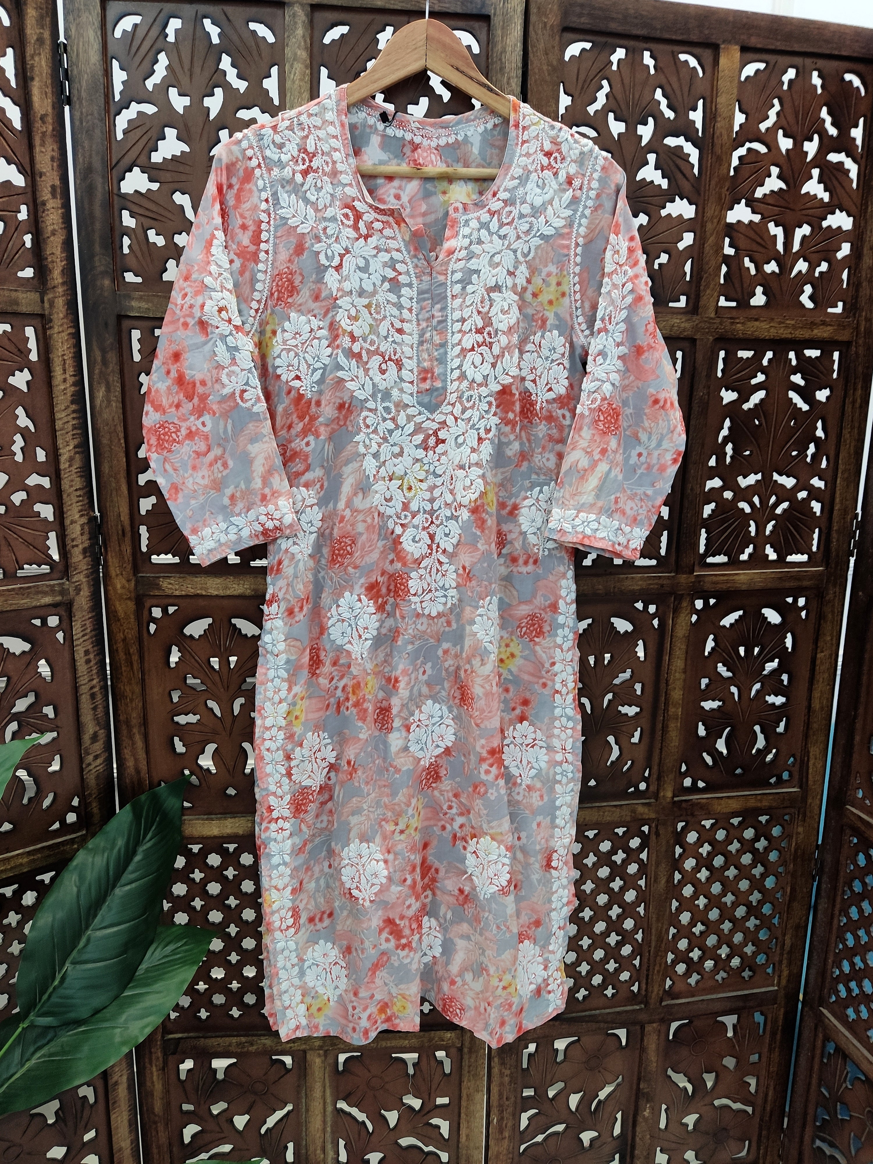 Peach Mulmul Printed Chikankari Straight Kurti