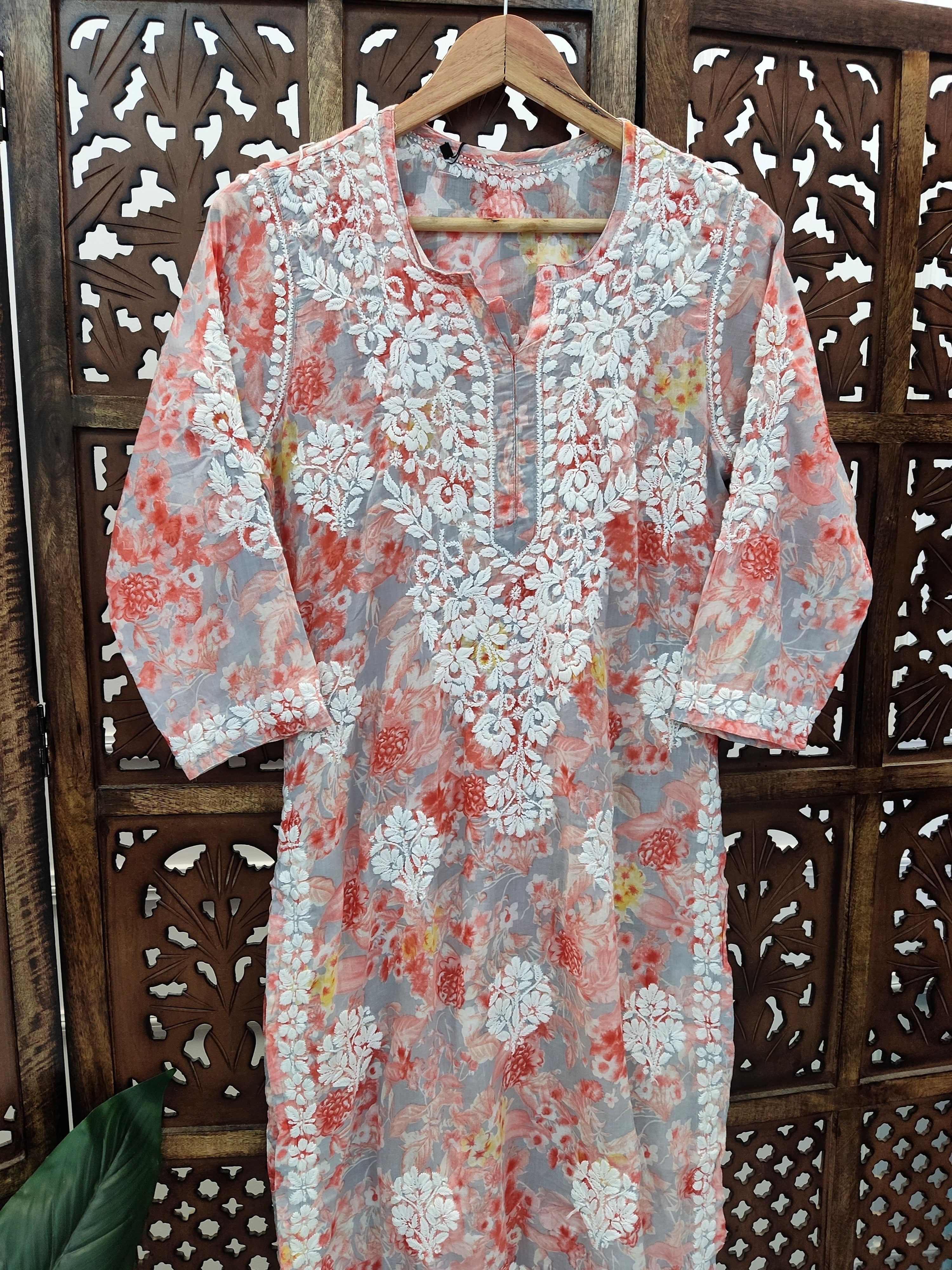 Peach Mulmul Printed Chikankari Straight Kurti