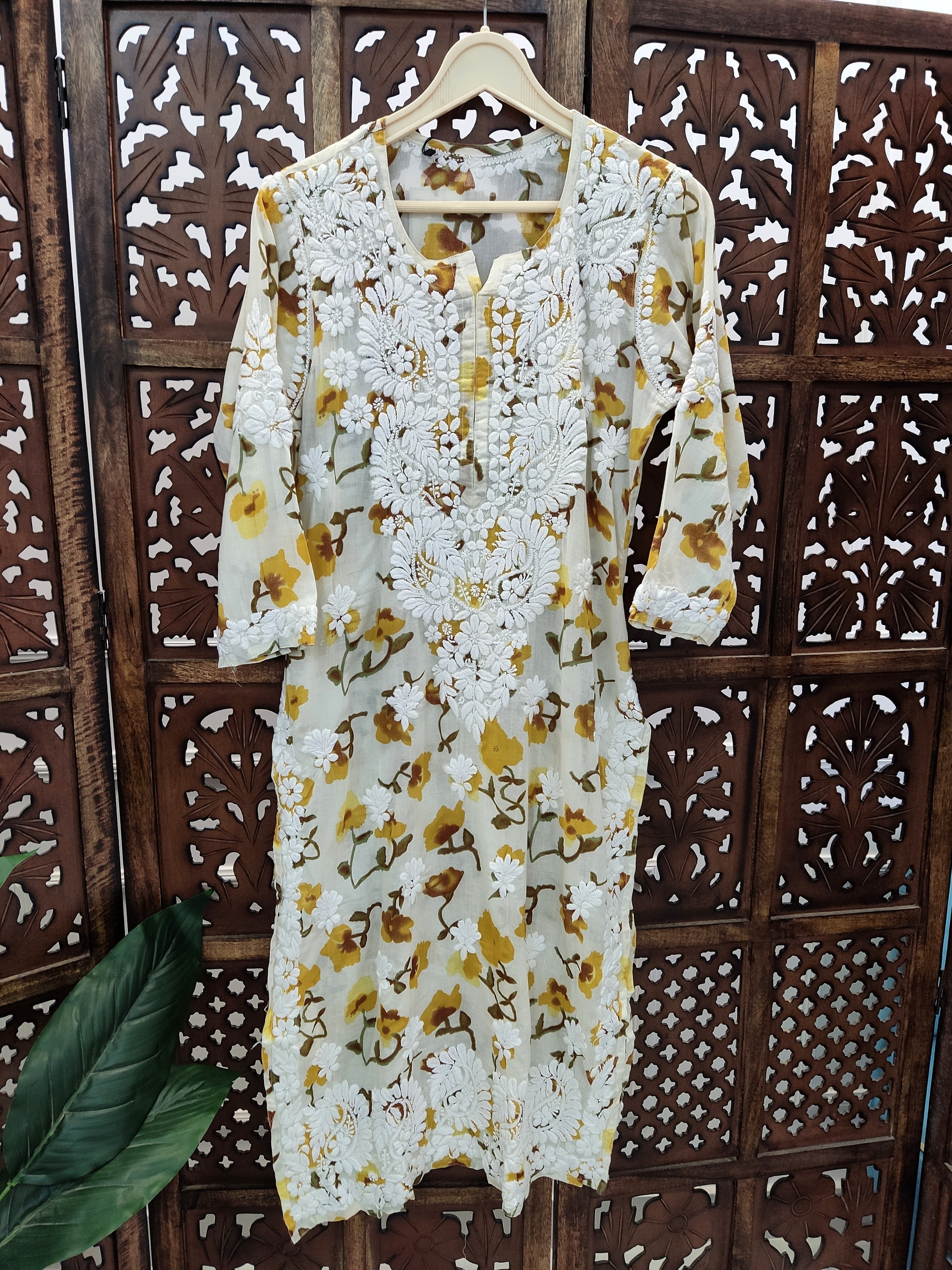 Yellow Mulmul Printed Chikankari Straight Kurti