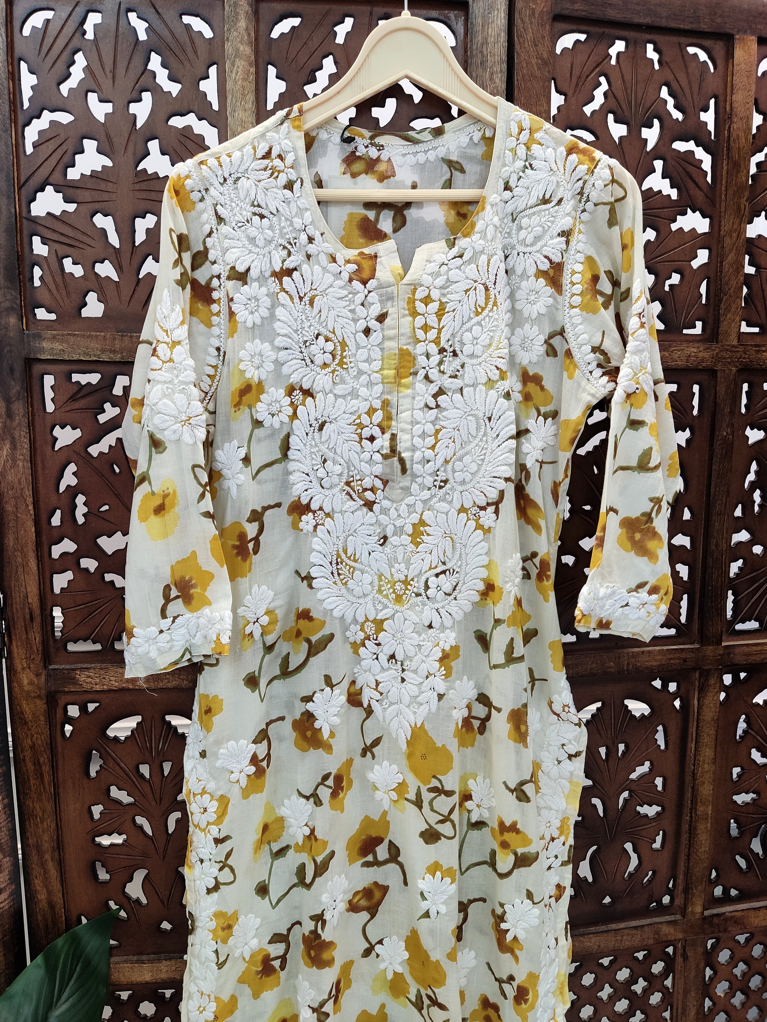 Yellow Mulmul Printed Chikankari Straight Kurti