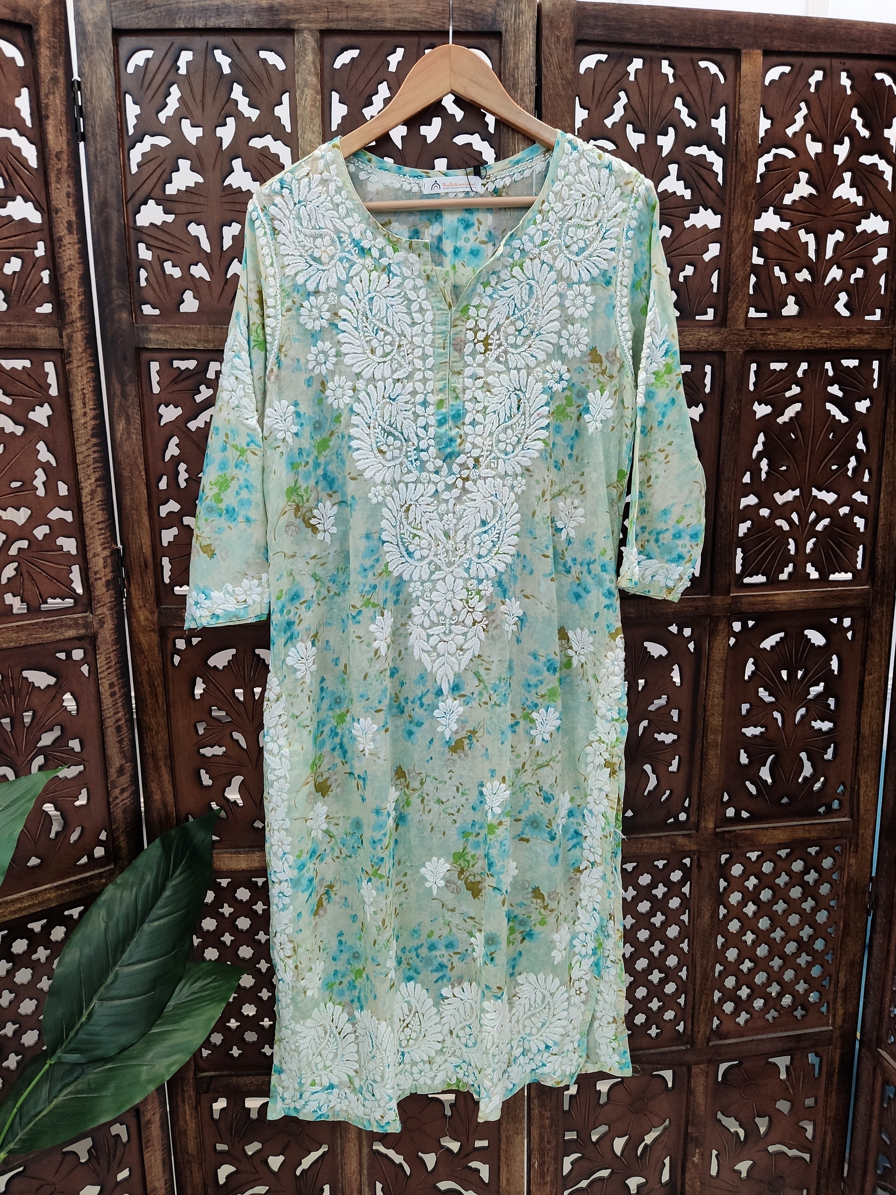 Green Mulmul Printed Chikankari Straight Kurti