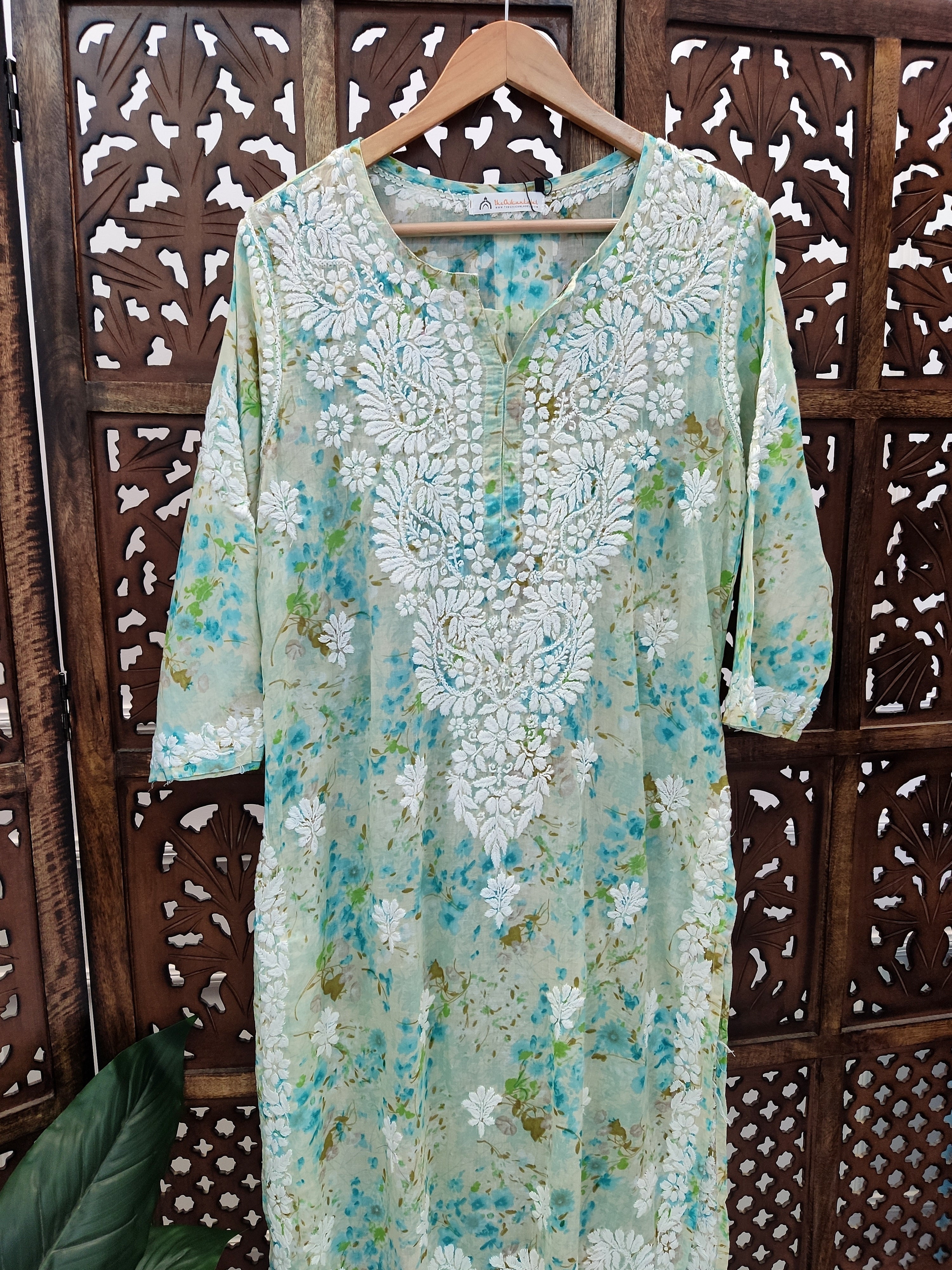 Green Mulmul Printed Chikankari Straight Kurti