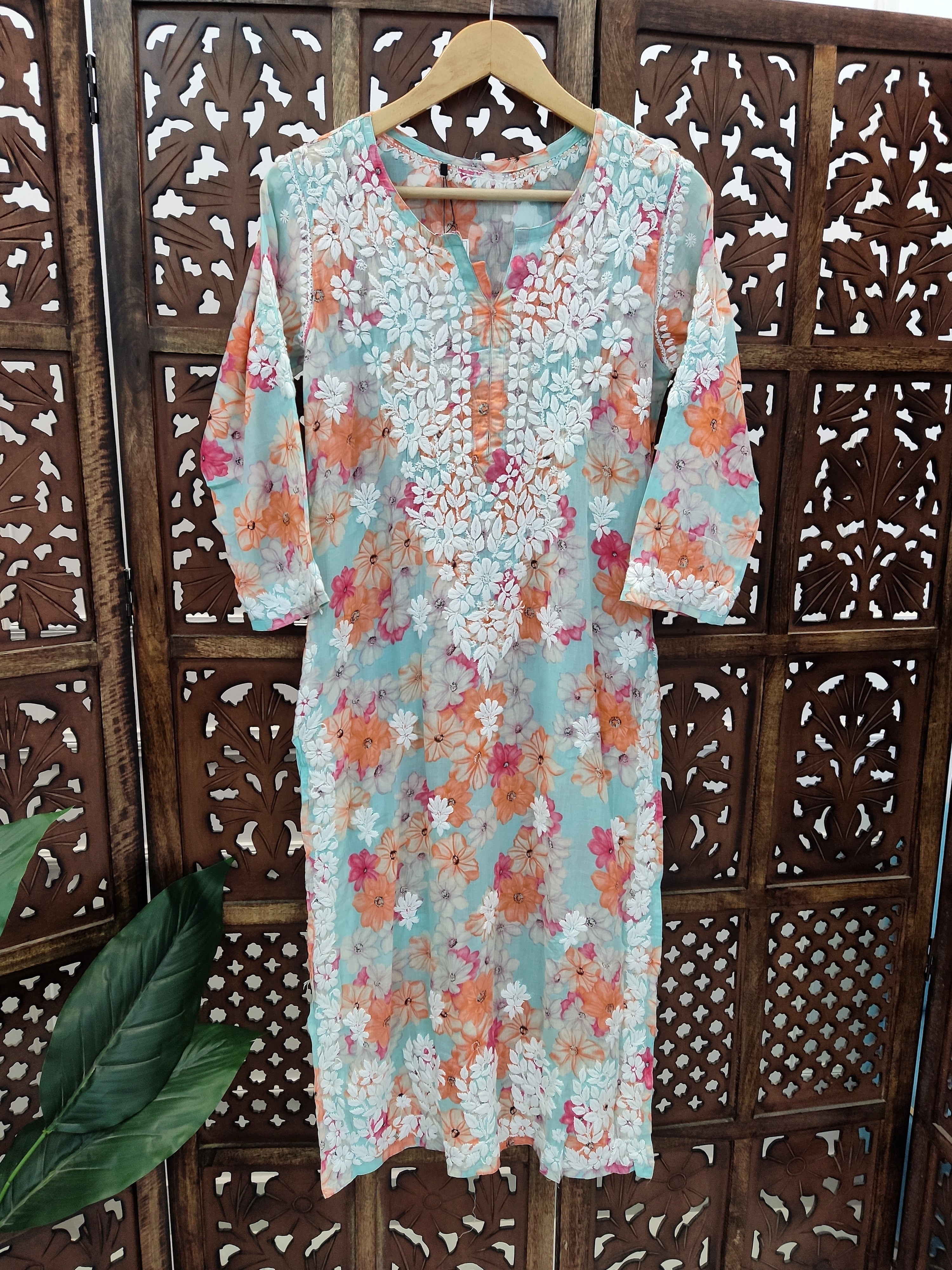 Sea Green Mulmul Printed Chikankari Straight Kurti