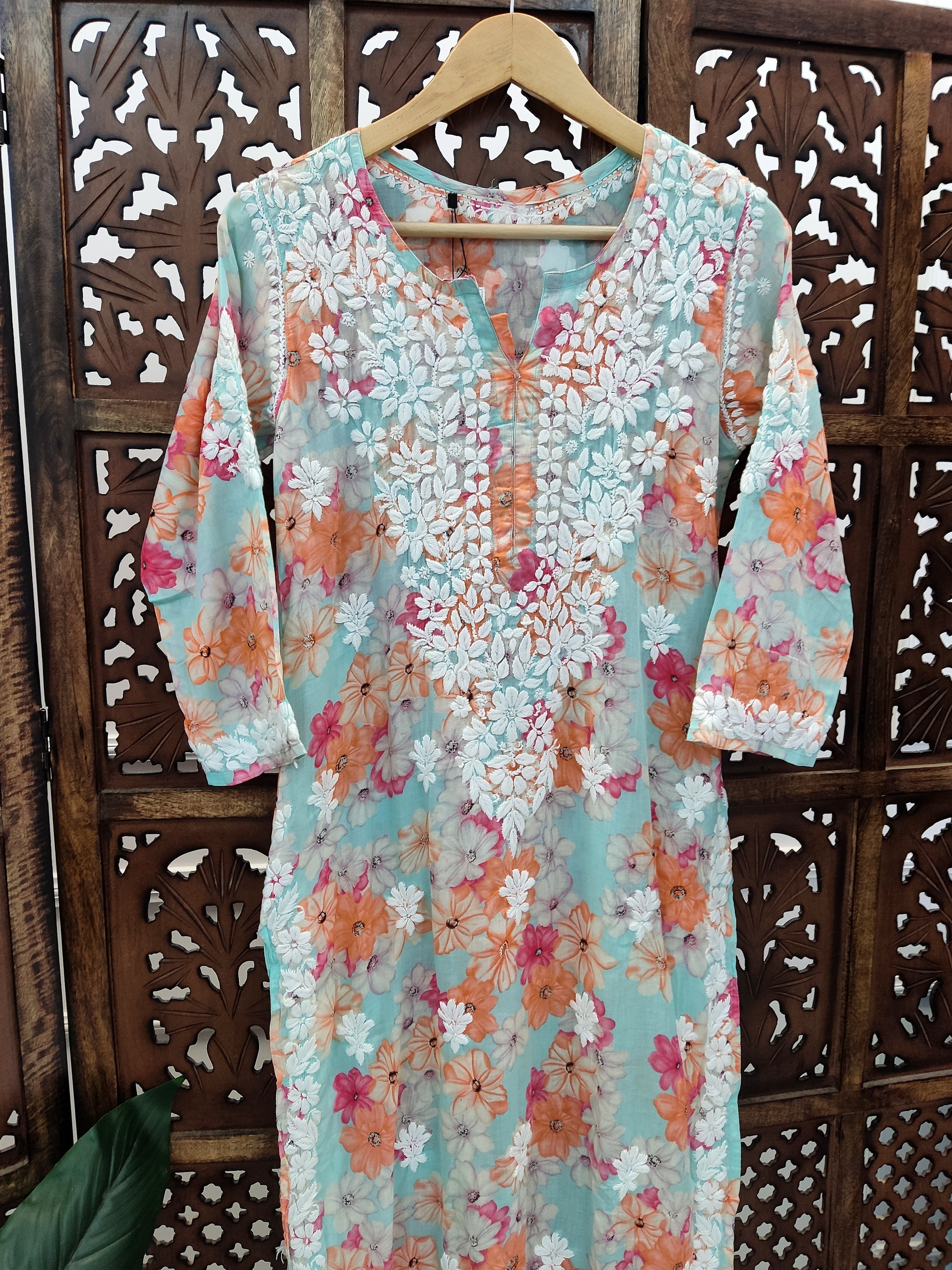 Sea Green Mulmul Printed Chikankari Straight Kurti