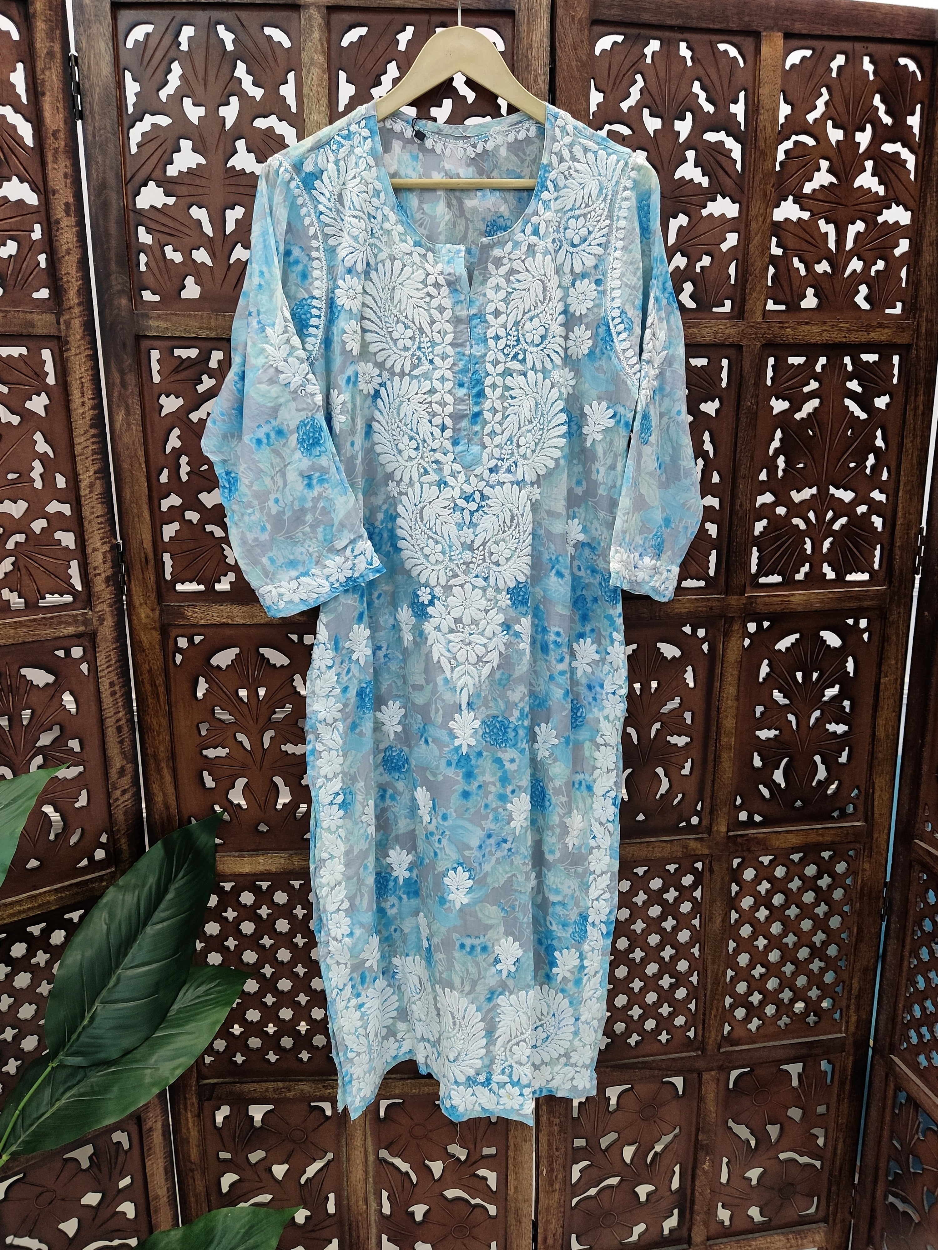 Blue Mulmul Printed Chikankari Straight Kurti