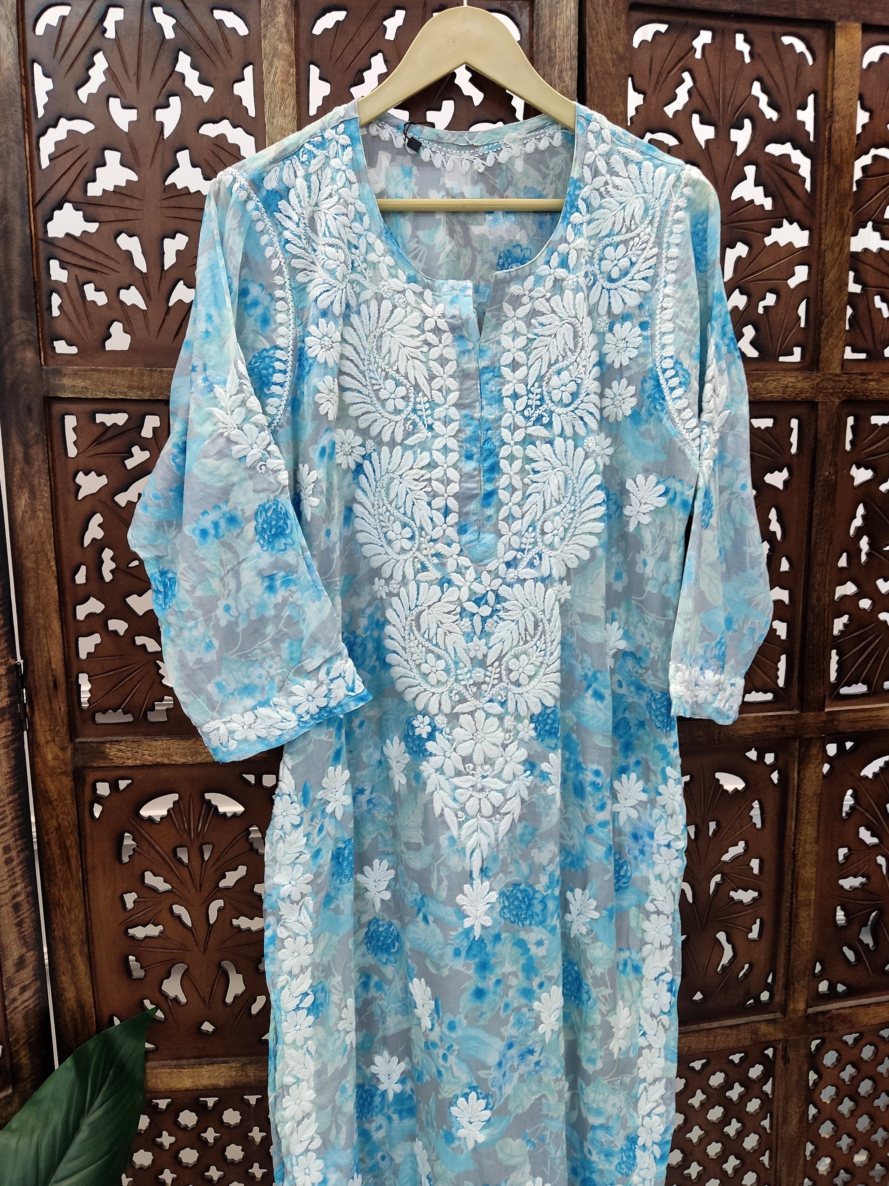 Blue Mulmul Printed Chikankari Straight Kurti