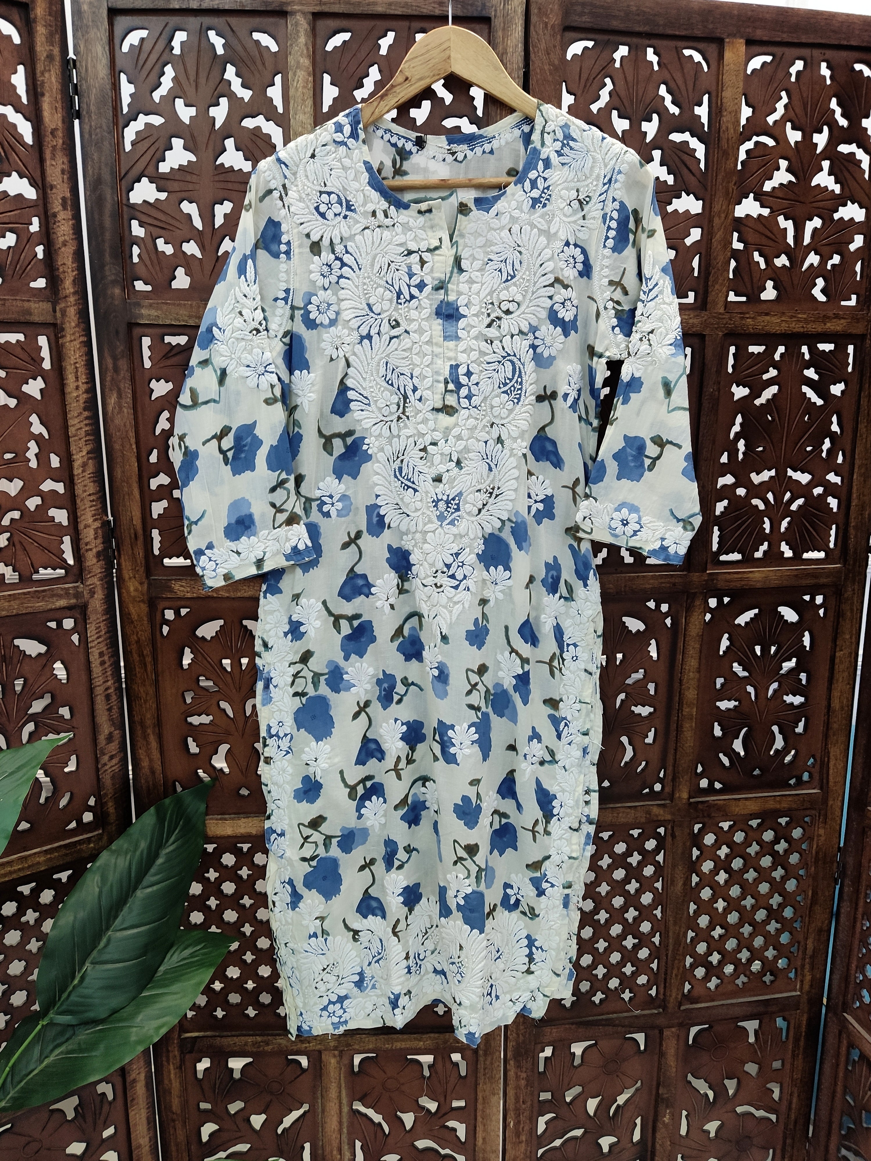 Navy Blue Mulmul Printed Chikankari Straight Kurti