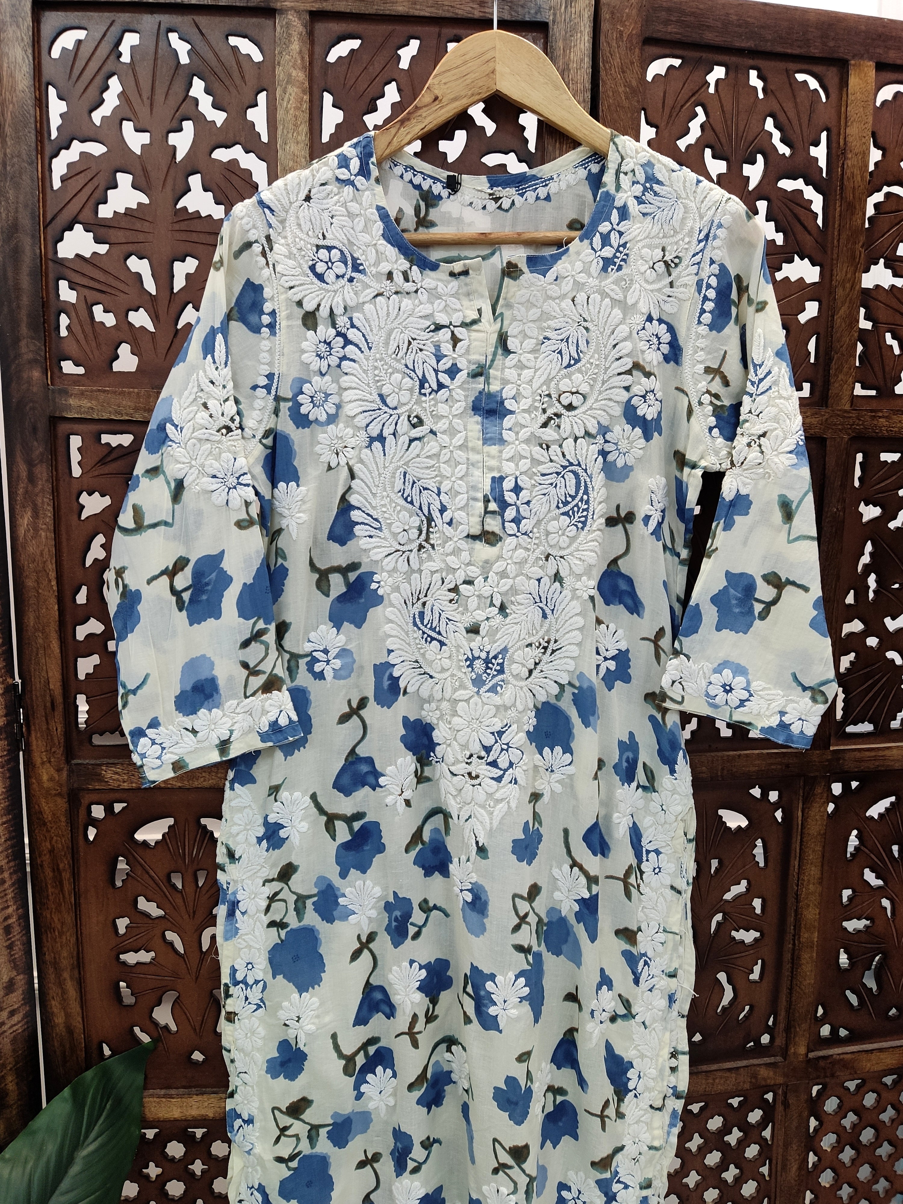 Navy Blue Mulmul Printed Chikankari Straight Kurti