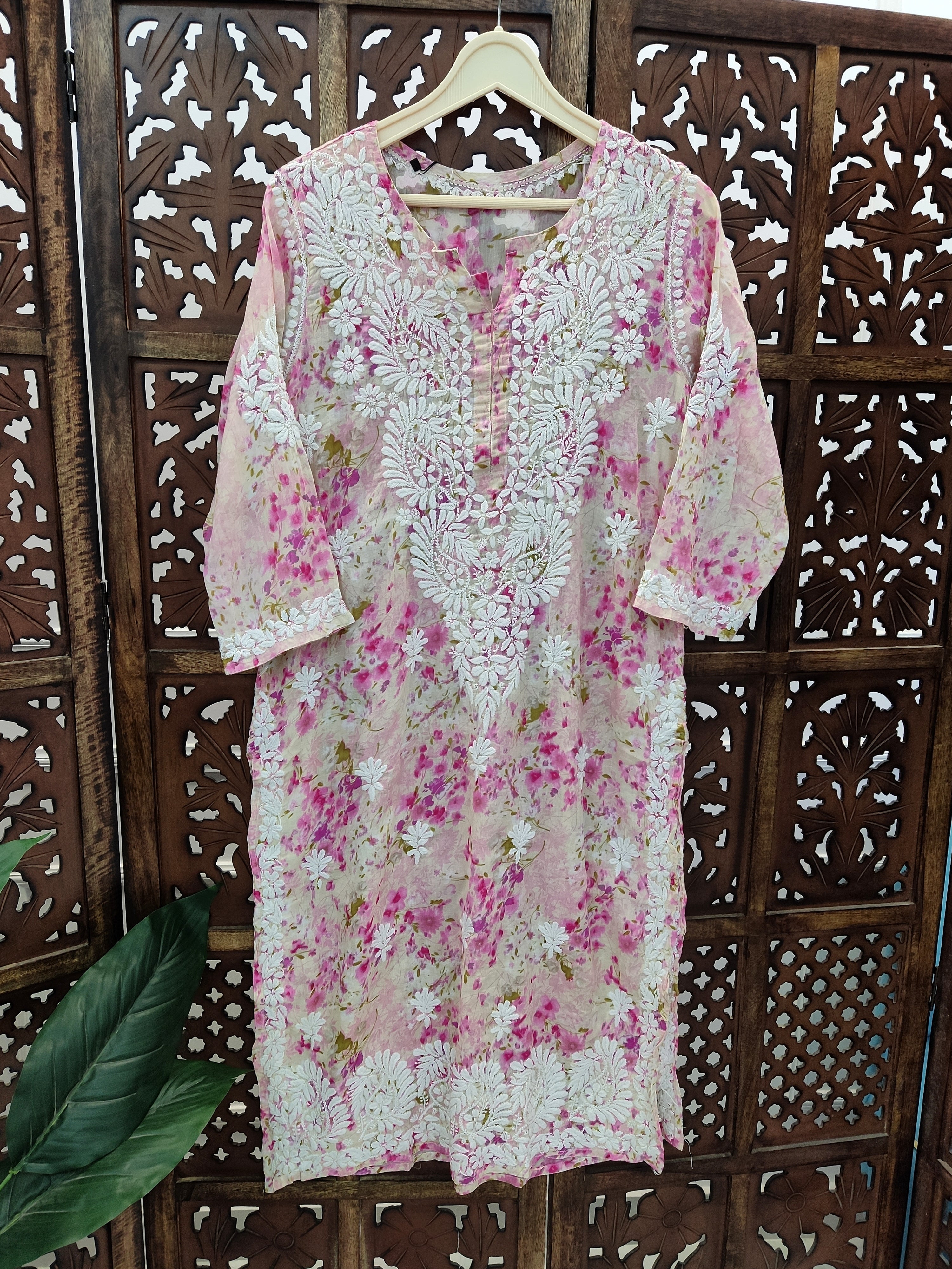 Pink Mulmul Printed Chikankari Straight Kurti