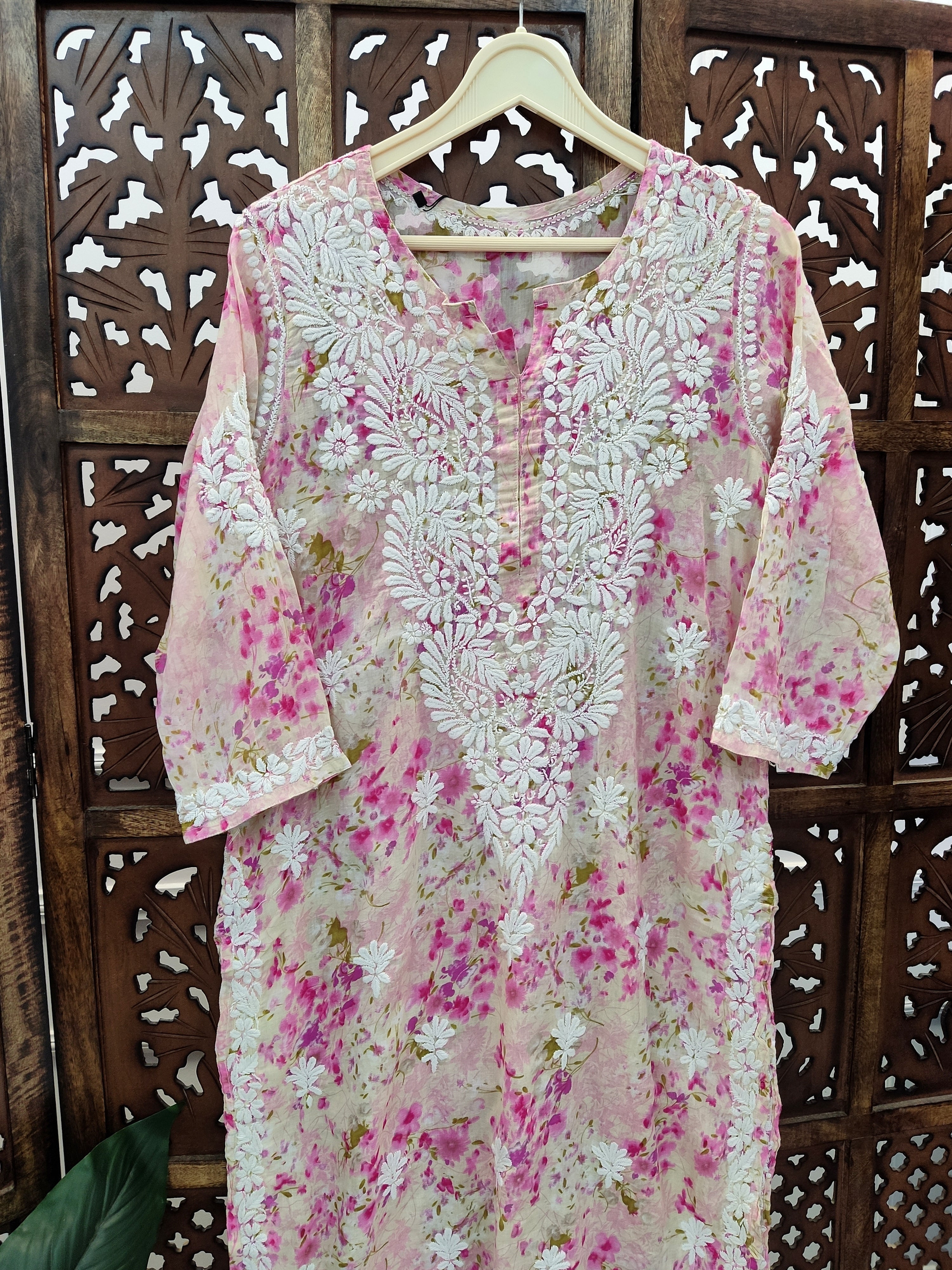 Pink Mulmul Printed Chikankari Straight Kurti