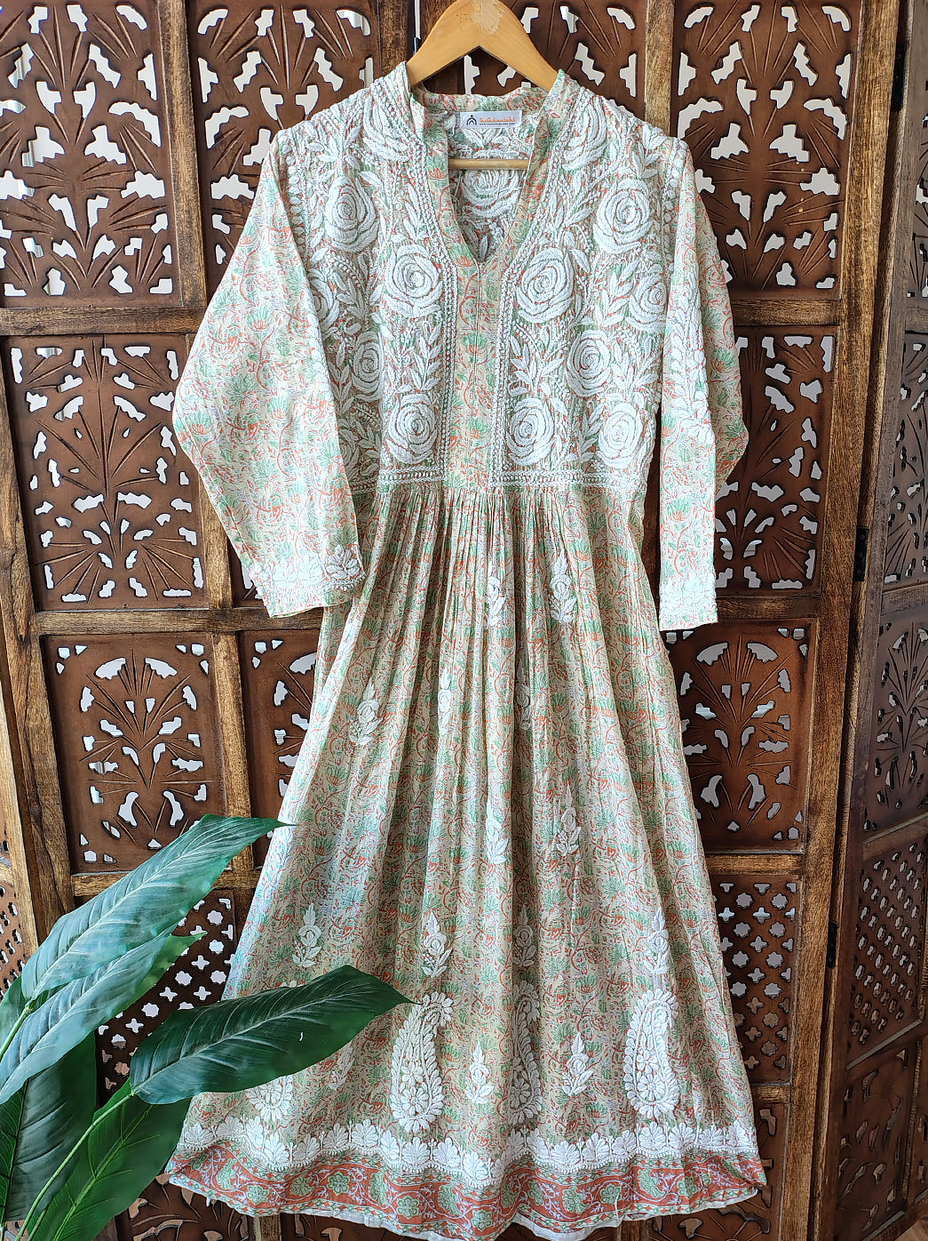 Orange Mulmul Chikankari Anarkali Kurti