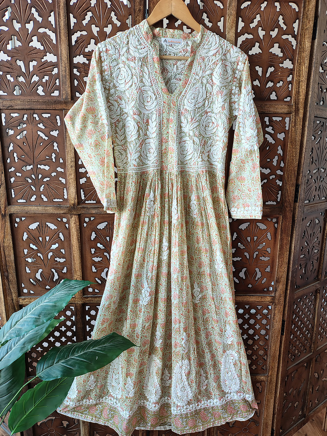 Pista Green Mulmul Chikankari Anarkali Kurti