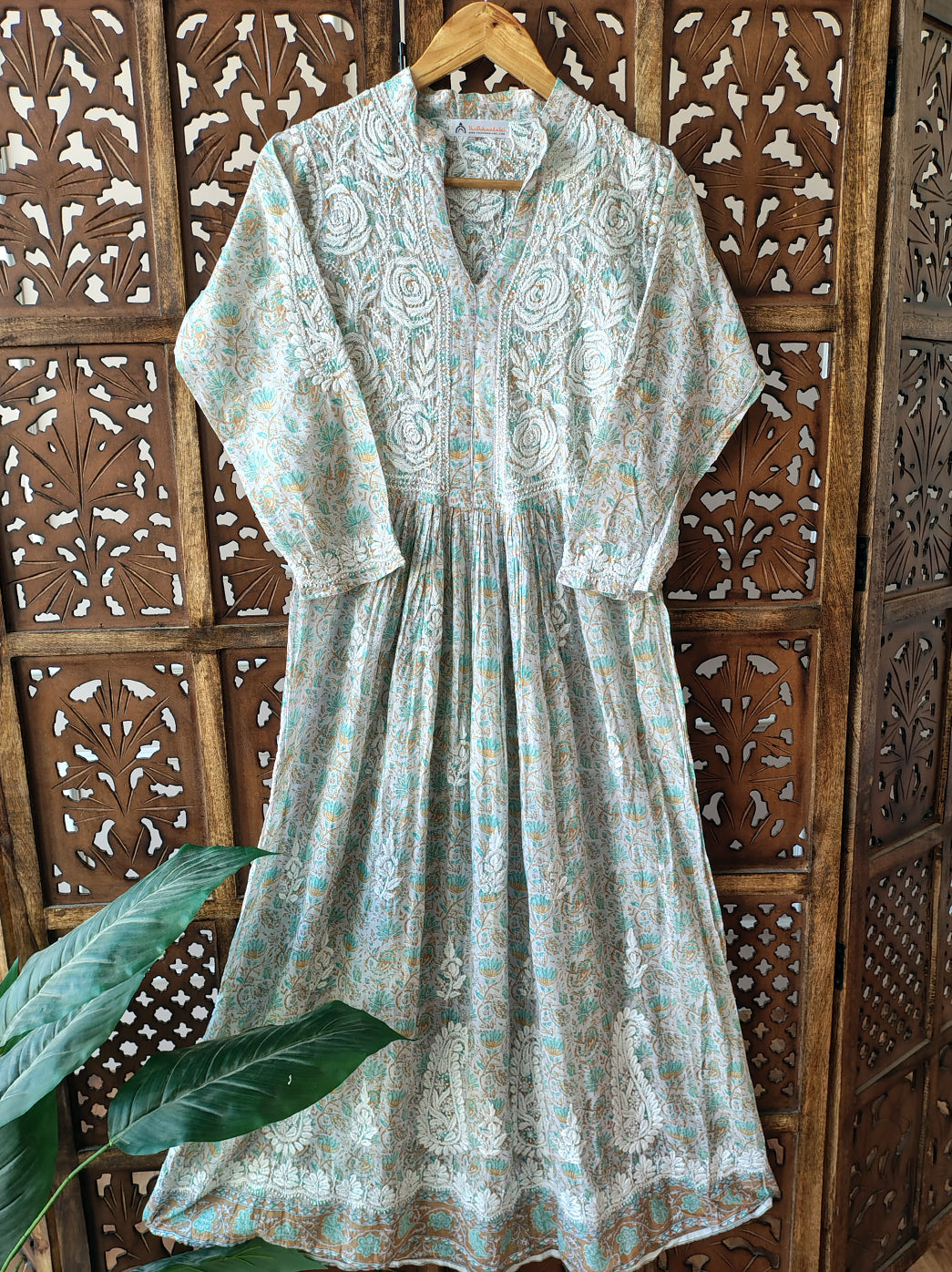 Sea Green Mulmul Chikankari Anarkali Kurti