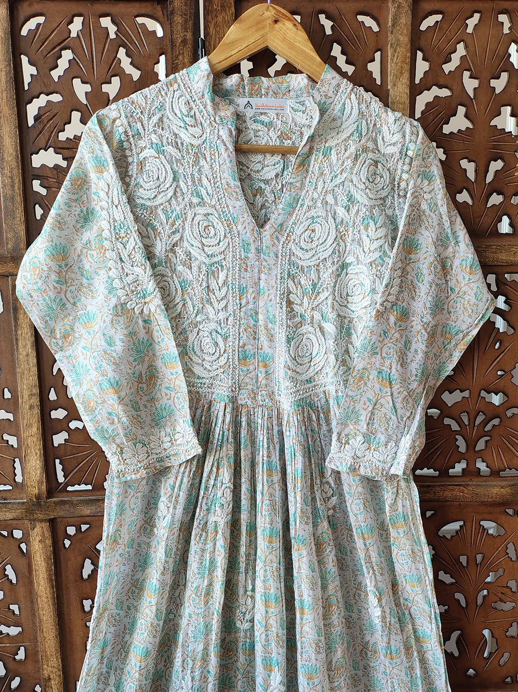Sea Green Mulmul Chikankari Anarkali Kurti