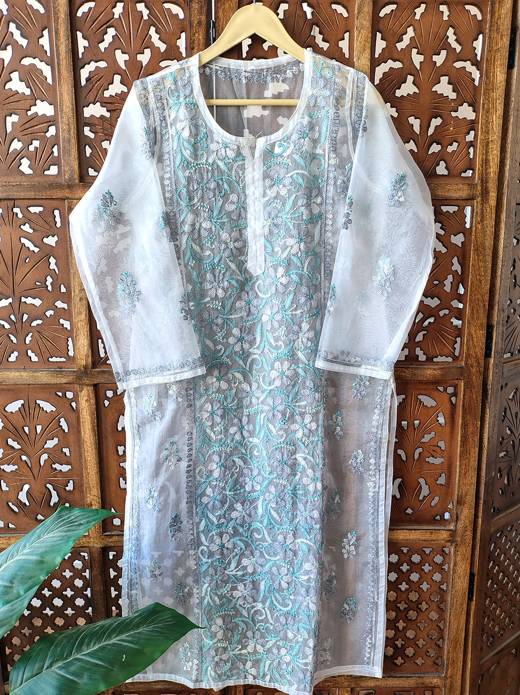 Blue Organza Chikankari Straight Kurti