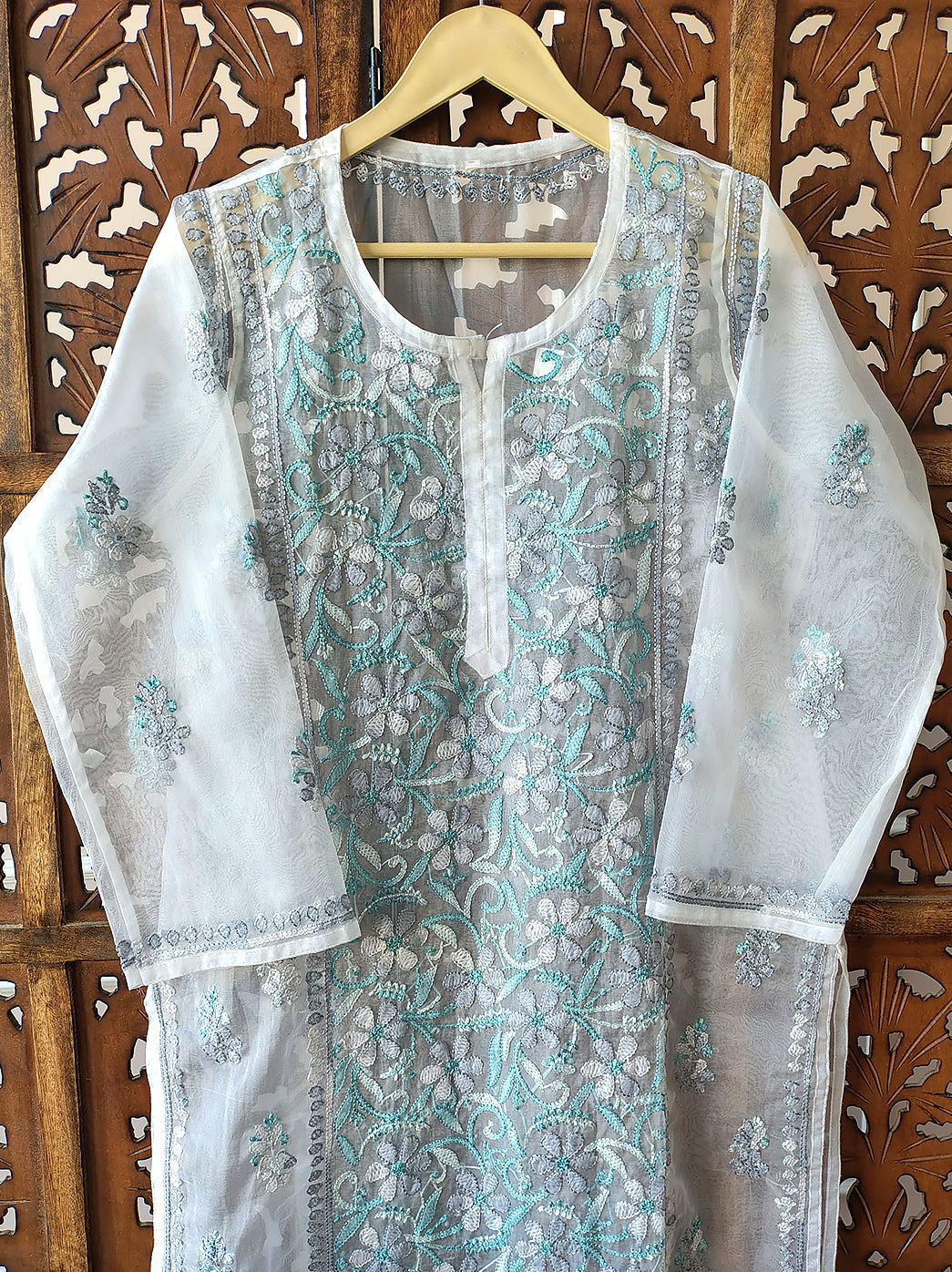 Blue Organza Chikankari Straight Kurti