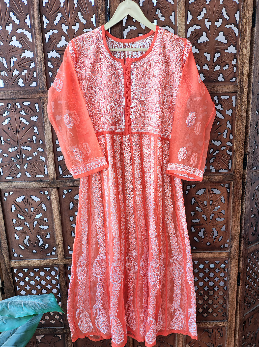 Orange Georgette Chikankari Anarkali Kurti