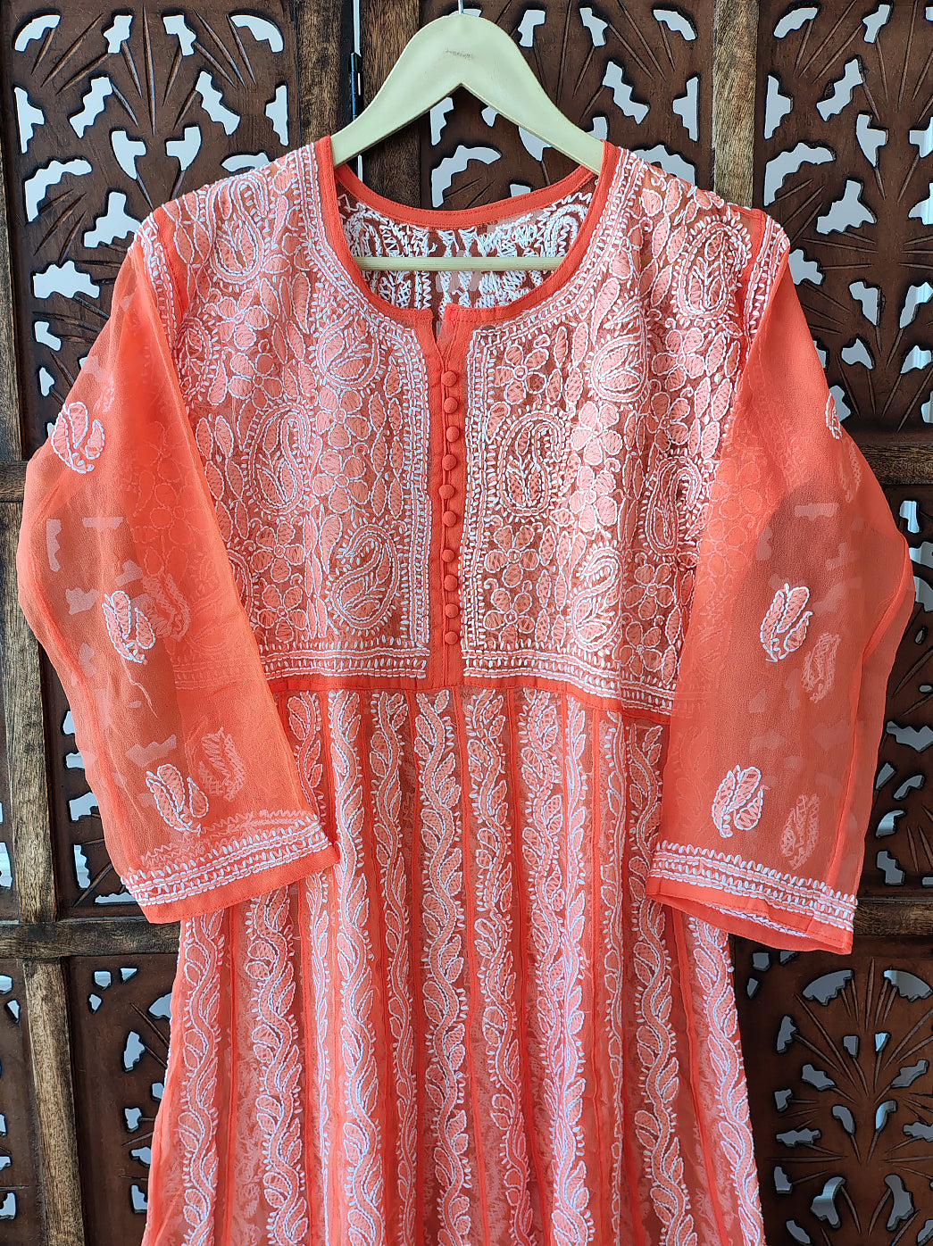 Orange Georgette Chikankari Anarkali Kurti