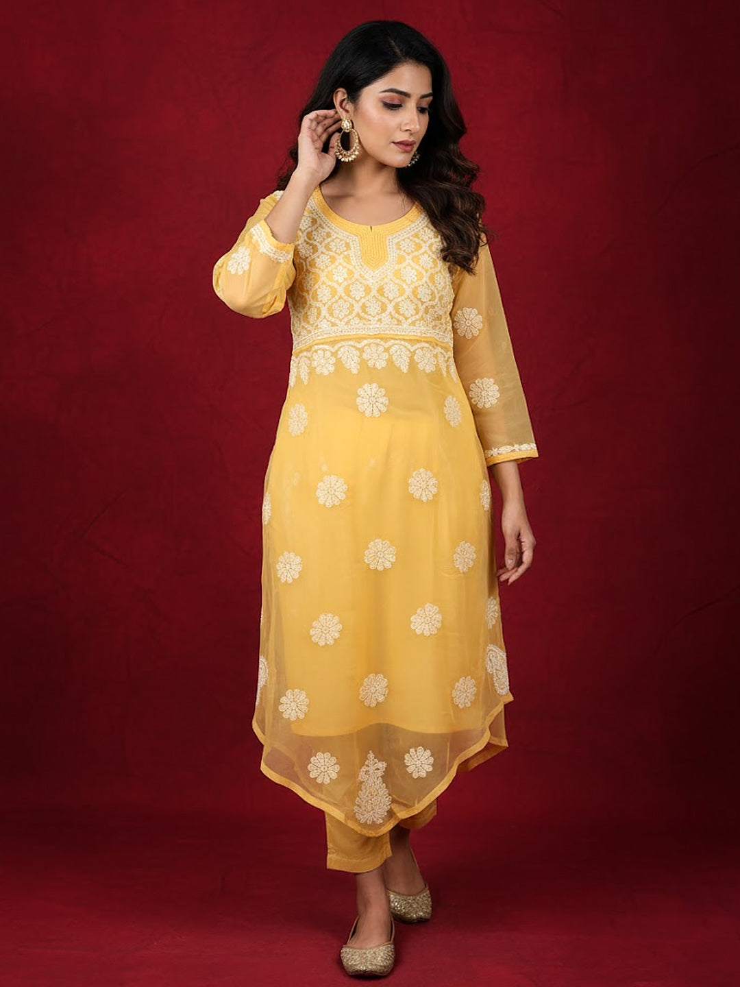 Yellow Georgette Chikankari Kurti