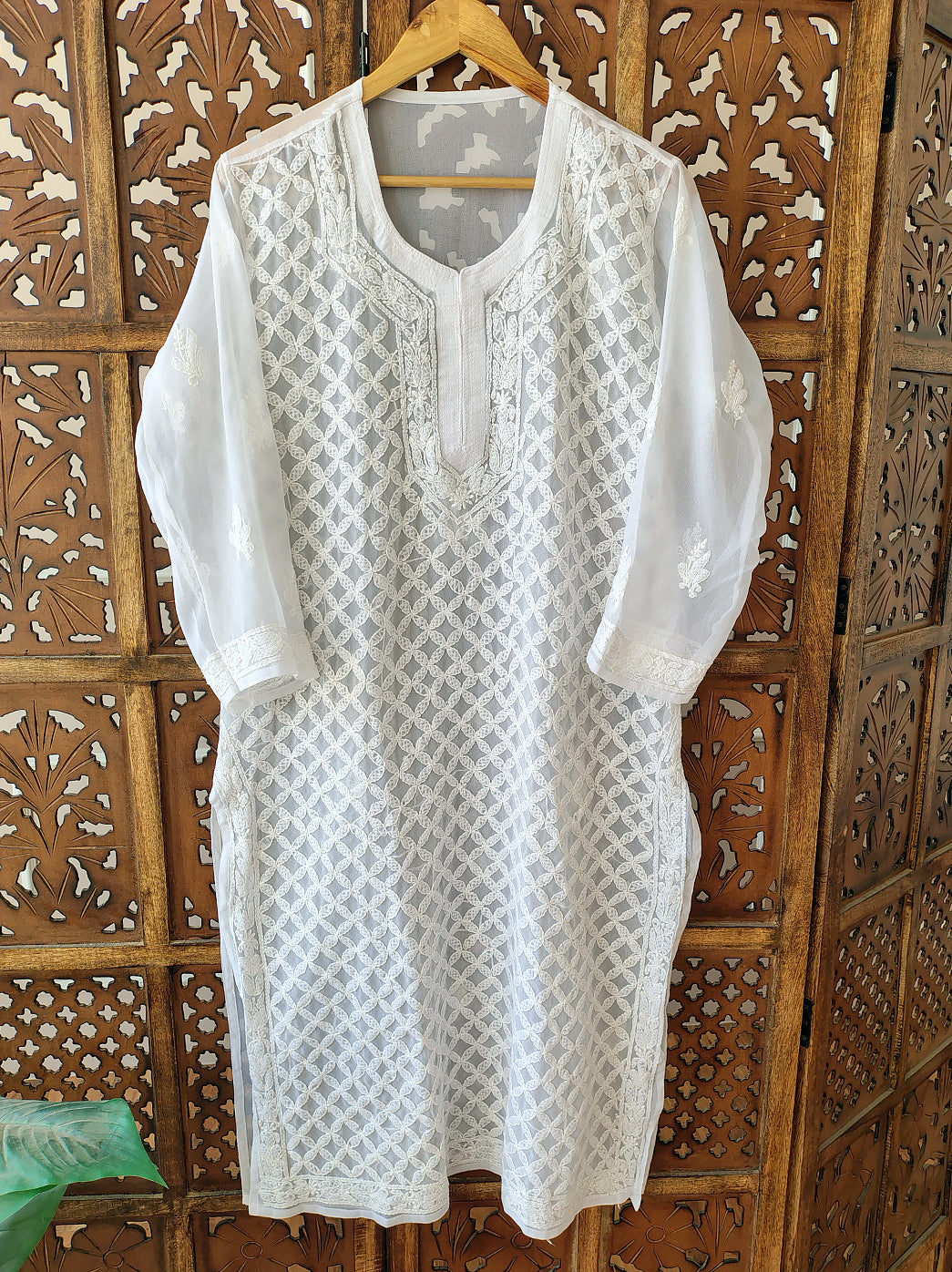 White Georgette Chikankari Straight Kurti